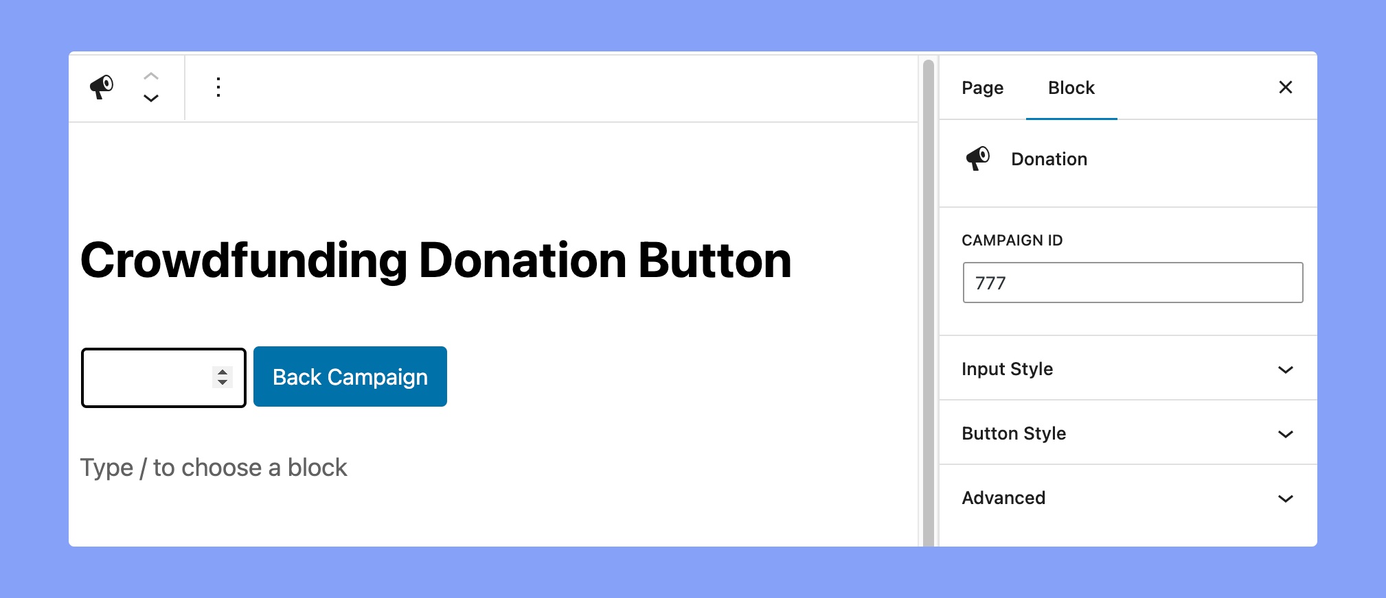 Crowdfunding donation button Gutenberg block
