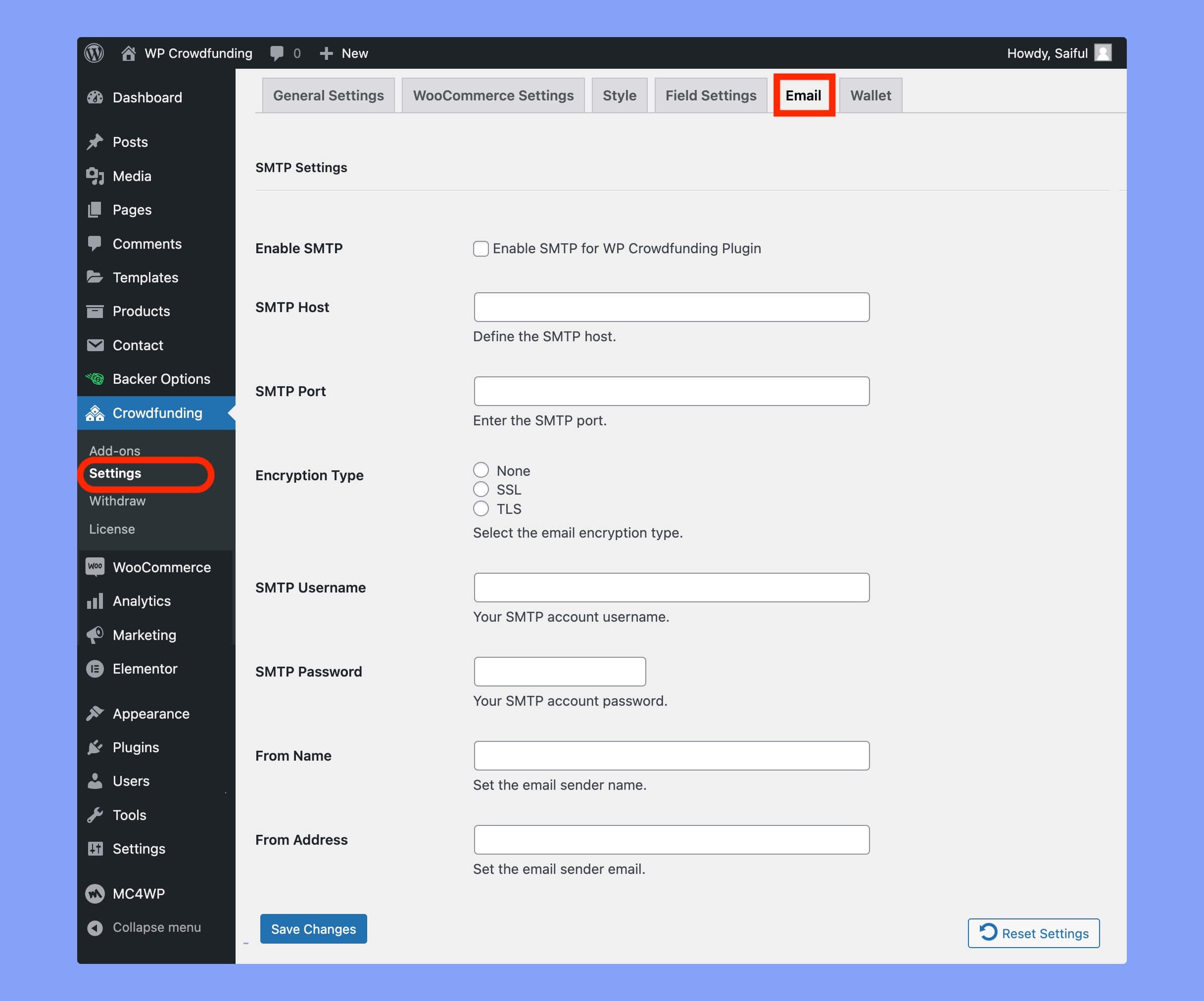 Email settings for WP Crowdfunding