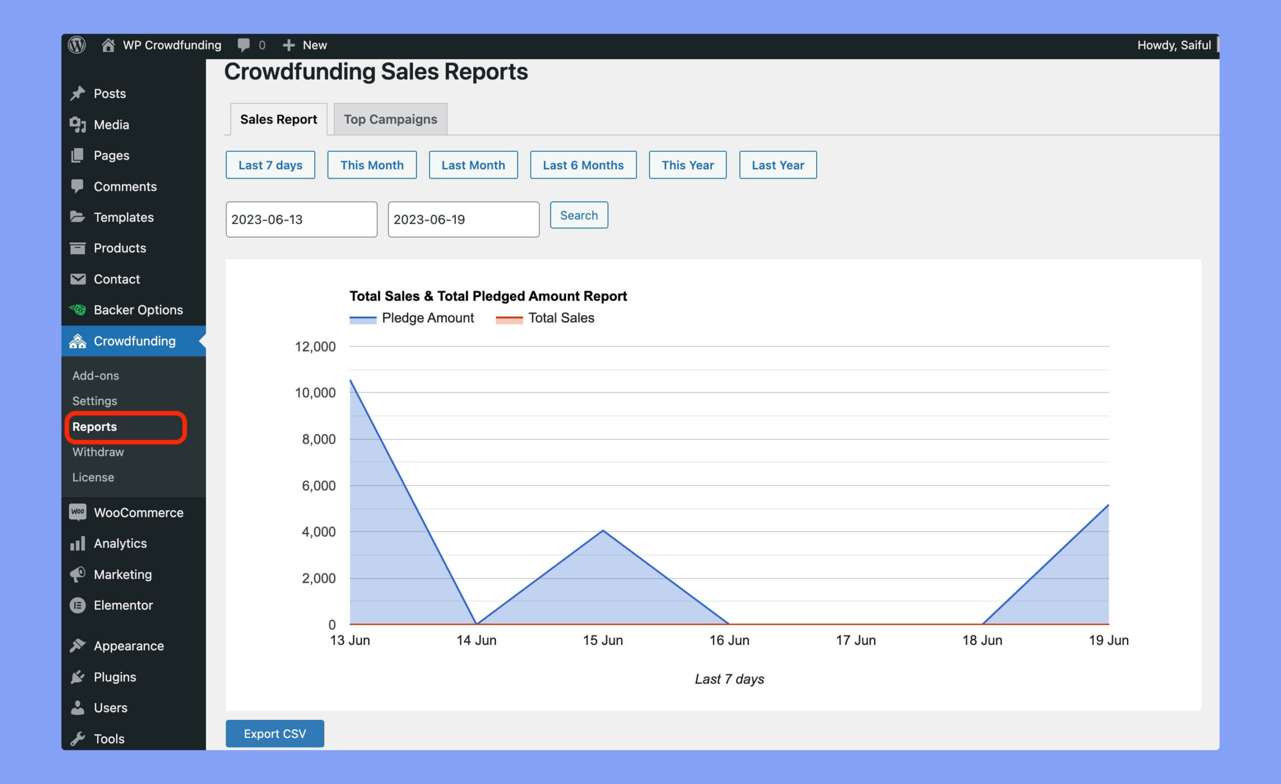 WP Crowdfunding sales report