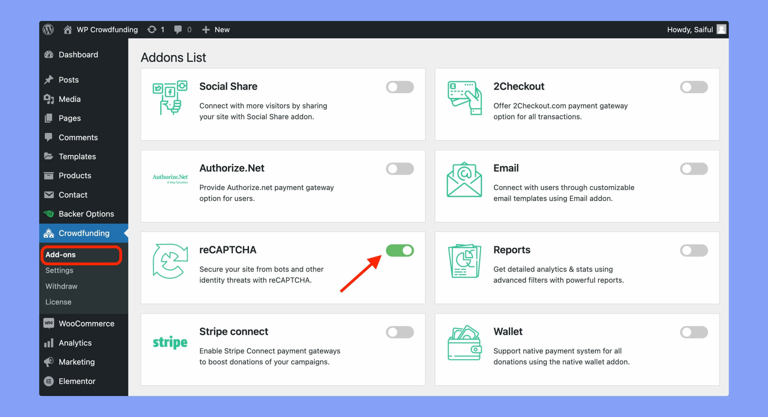 Enable the reCAPTCHA addon