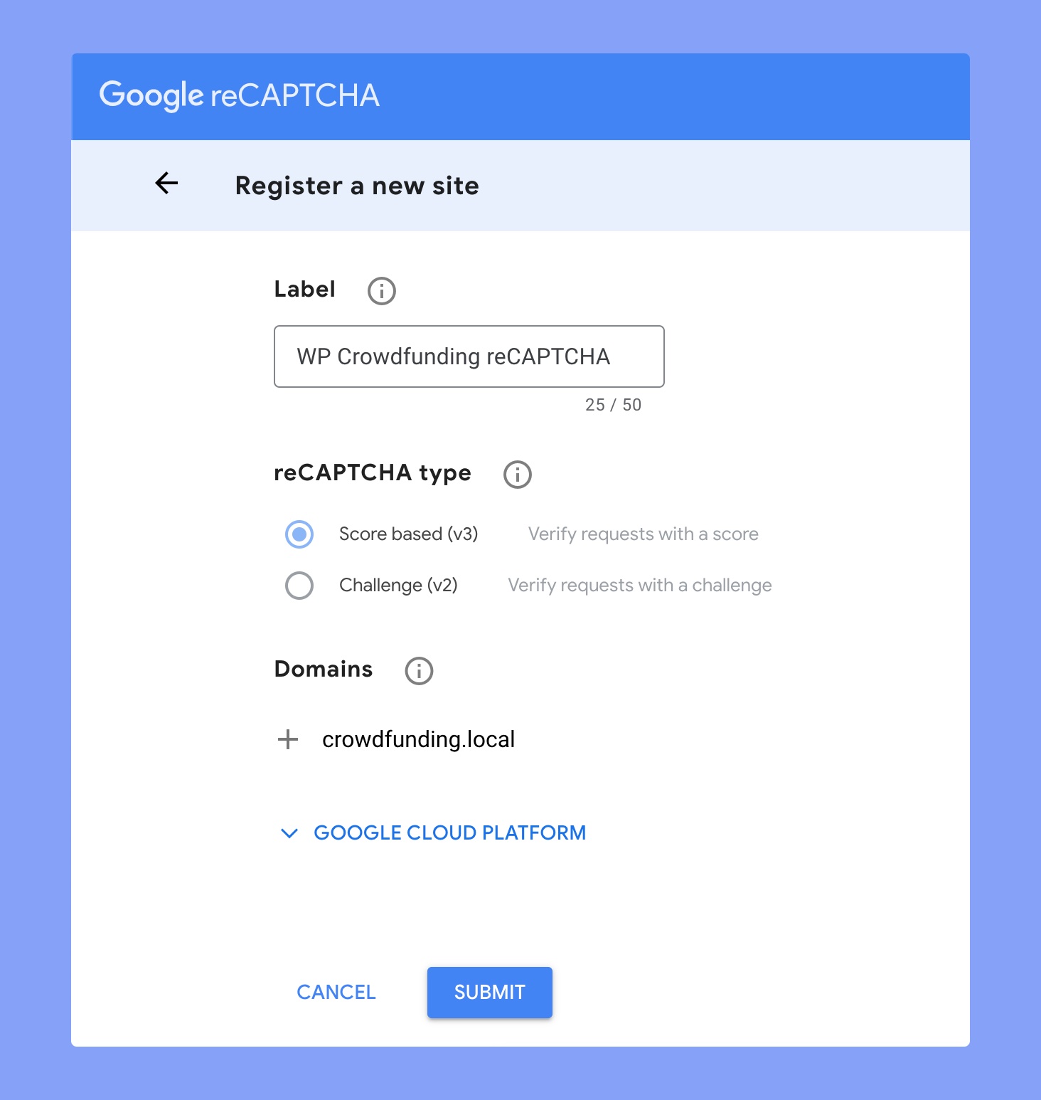 Register a new site on Google reCAPTCHA