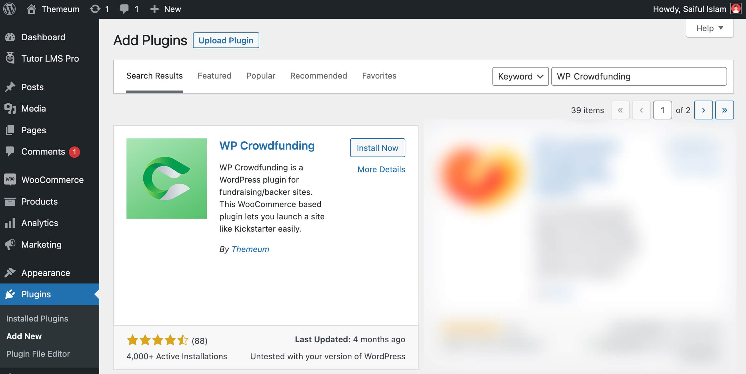 Searching and Activating WP Crowdfunding from WordPress Dashboard