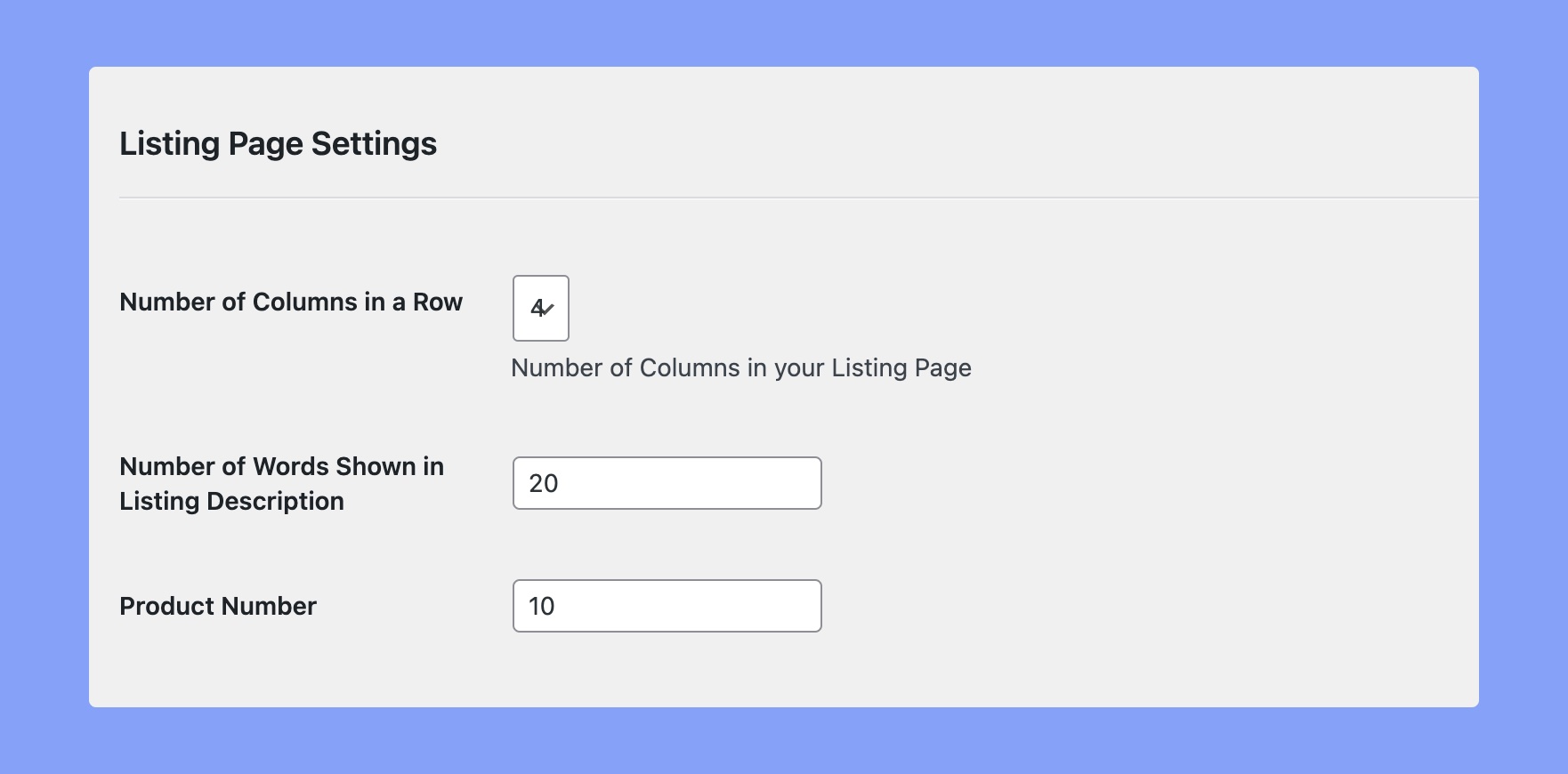 Listing page settings
