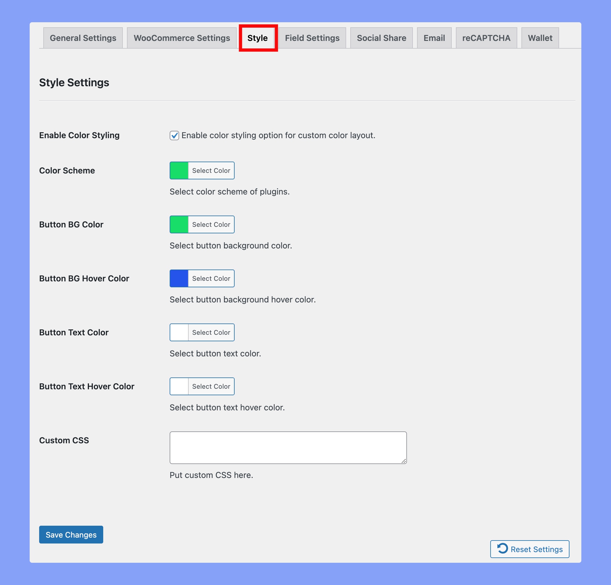 Style settings tab