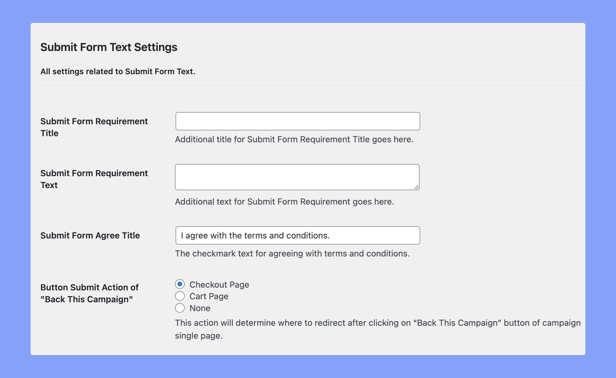 Submit Form Text Settings