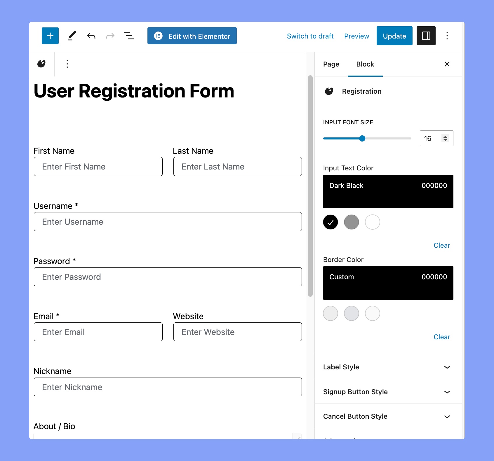 User registration block of WP Crowdfunding