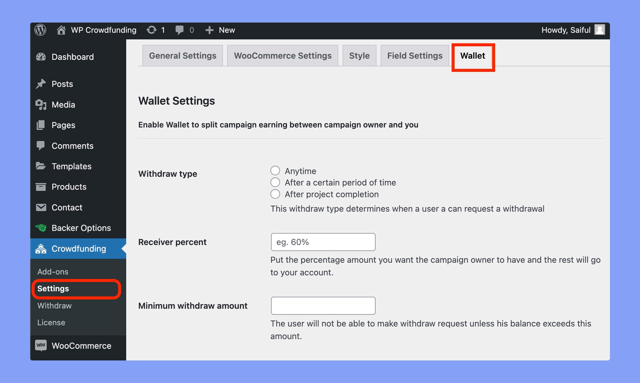 WP Crowdfunding wallet settings