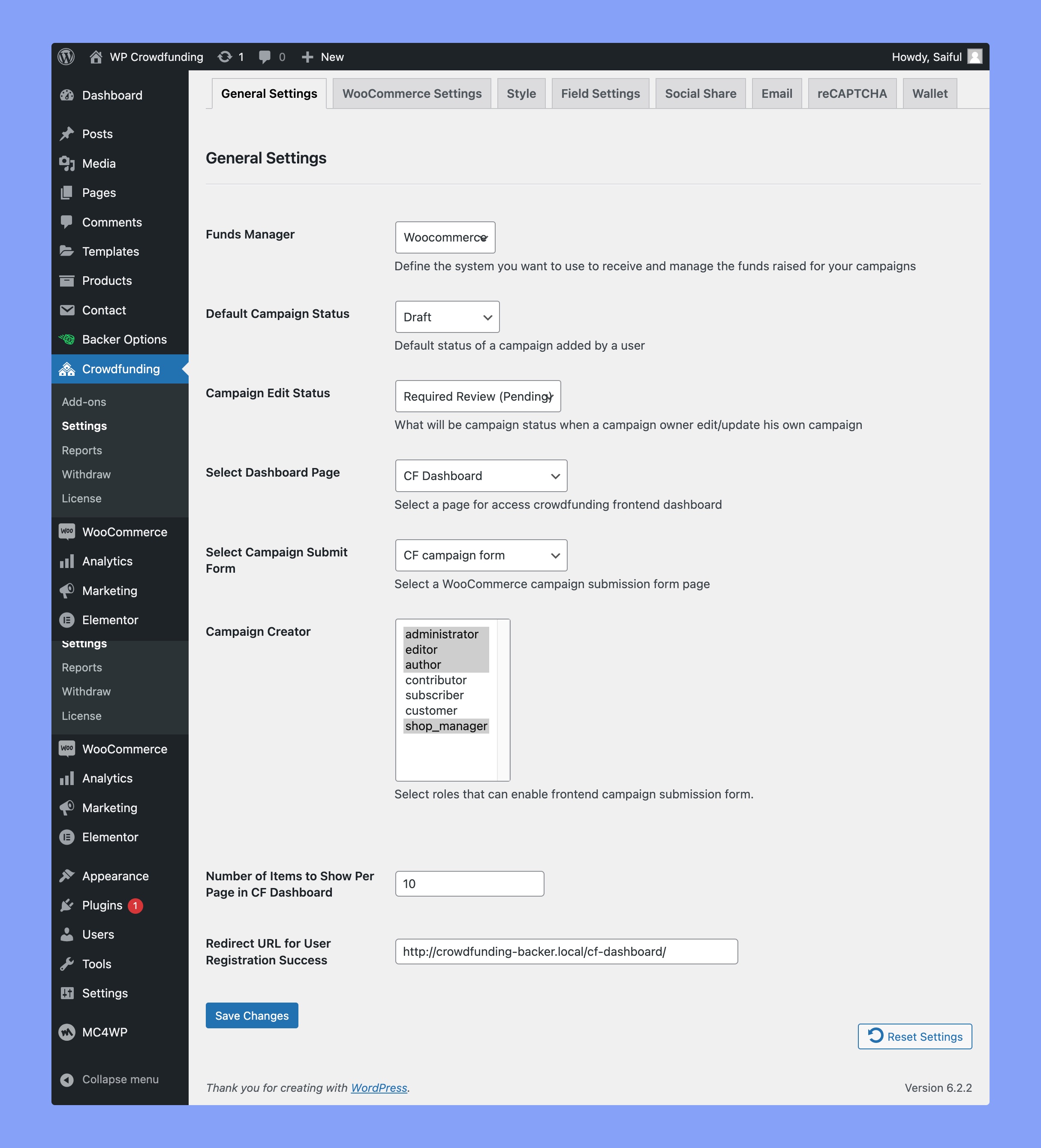 WPCF-General-Settings-page