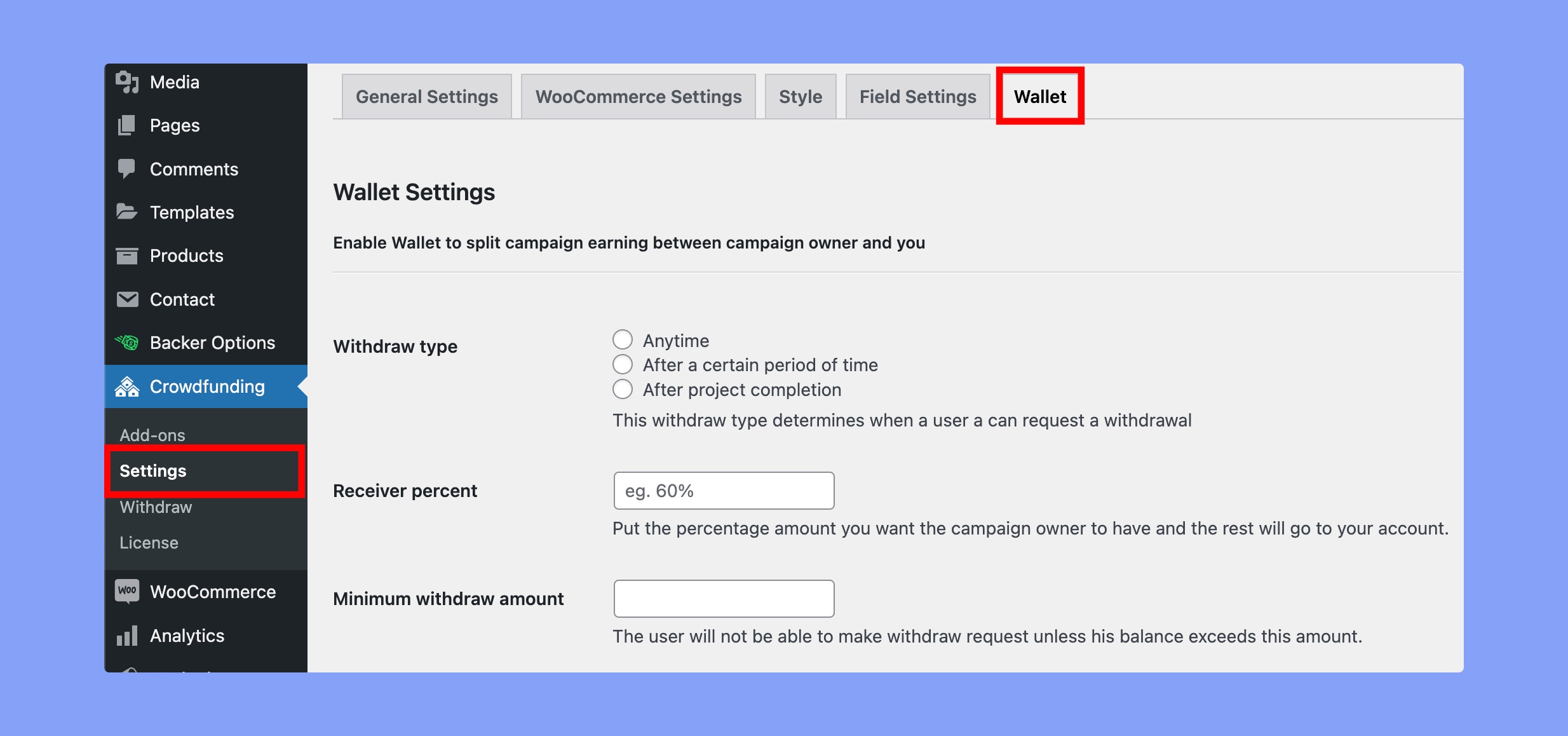 Wallet settings of WP Crowdfunding