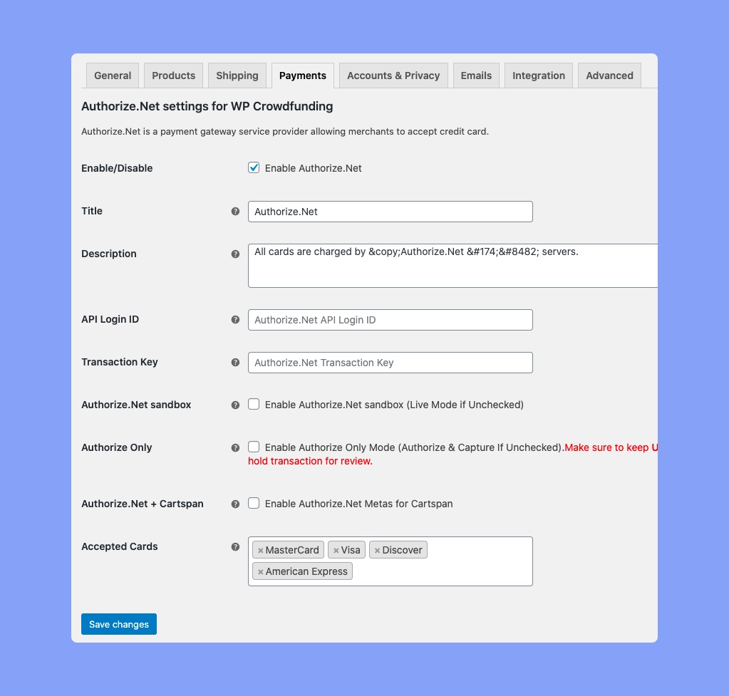 Authorize.Net settings