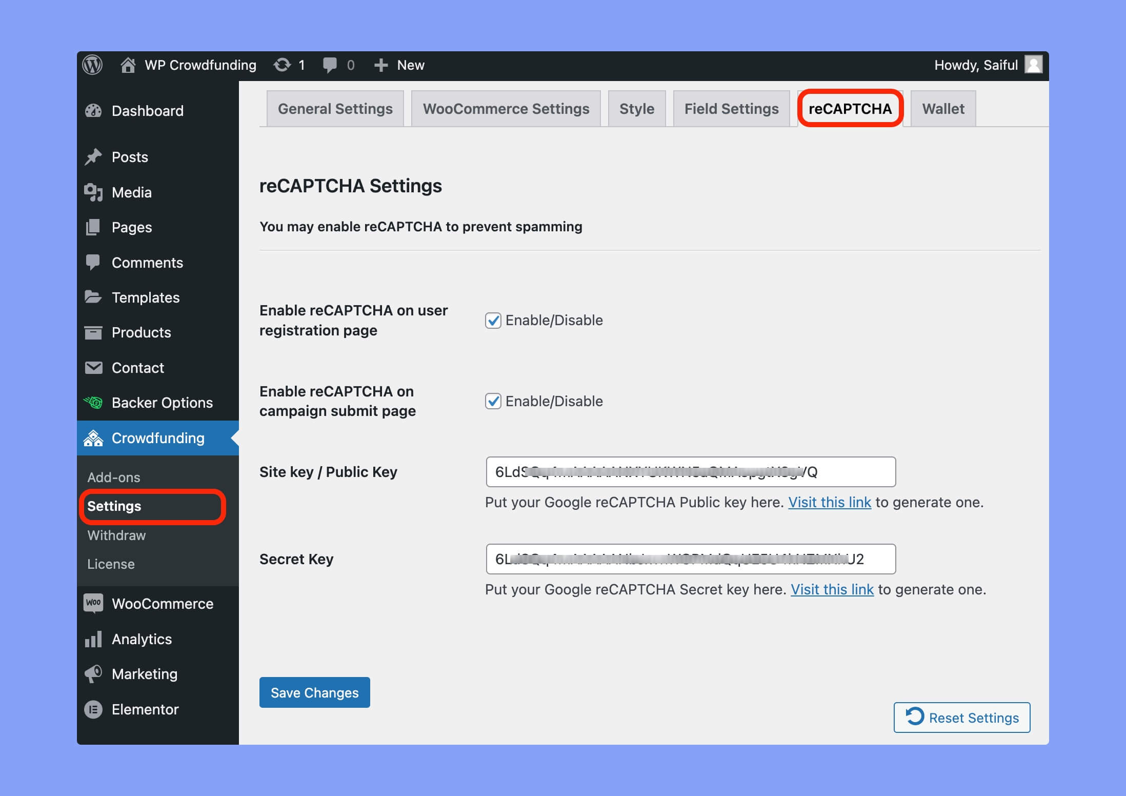 reCAPTCHA settings of WP Crowdfunding