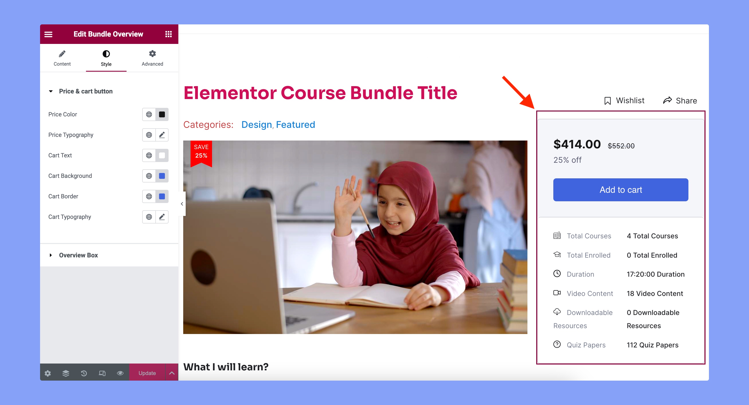 Price and cart button settings of Tutor LMS Elementor Widget Bundle Overview 
