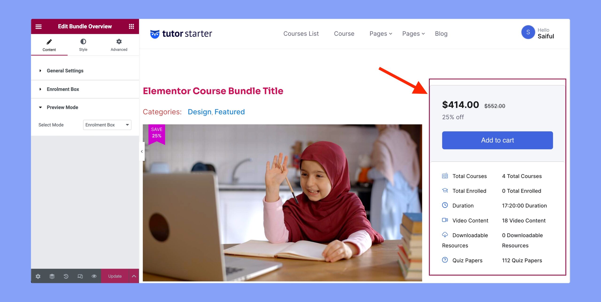 Content settings of Tutor LMS Elementor Widget Bundle Overview 