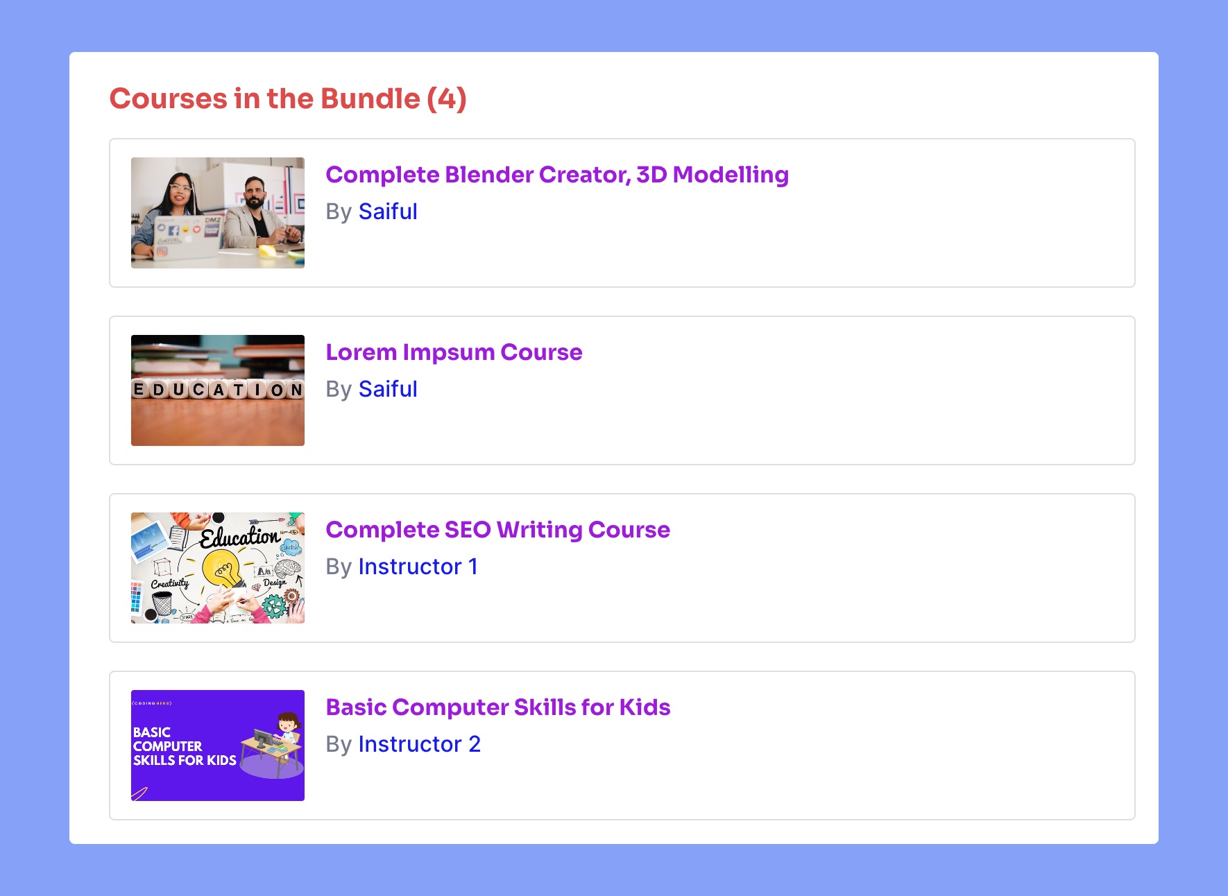 Frontend preview of bundle courses of tutor lms 