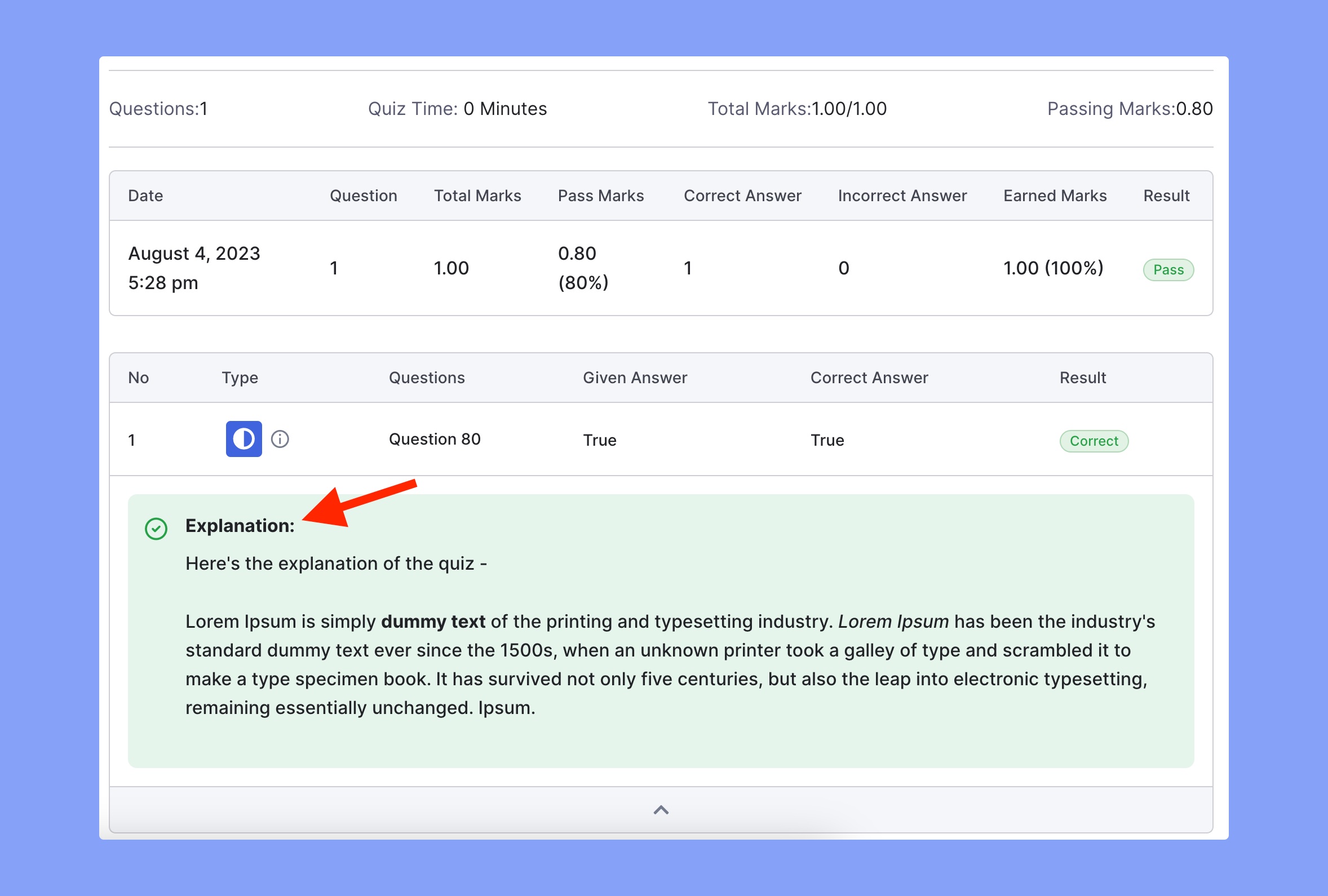 Quiz Answer explanation in the frontend