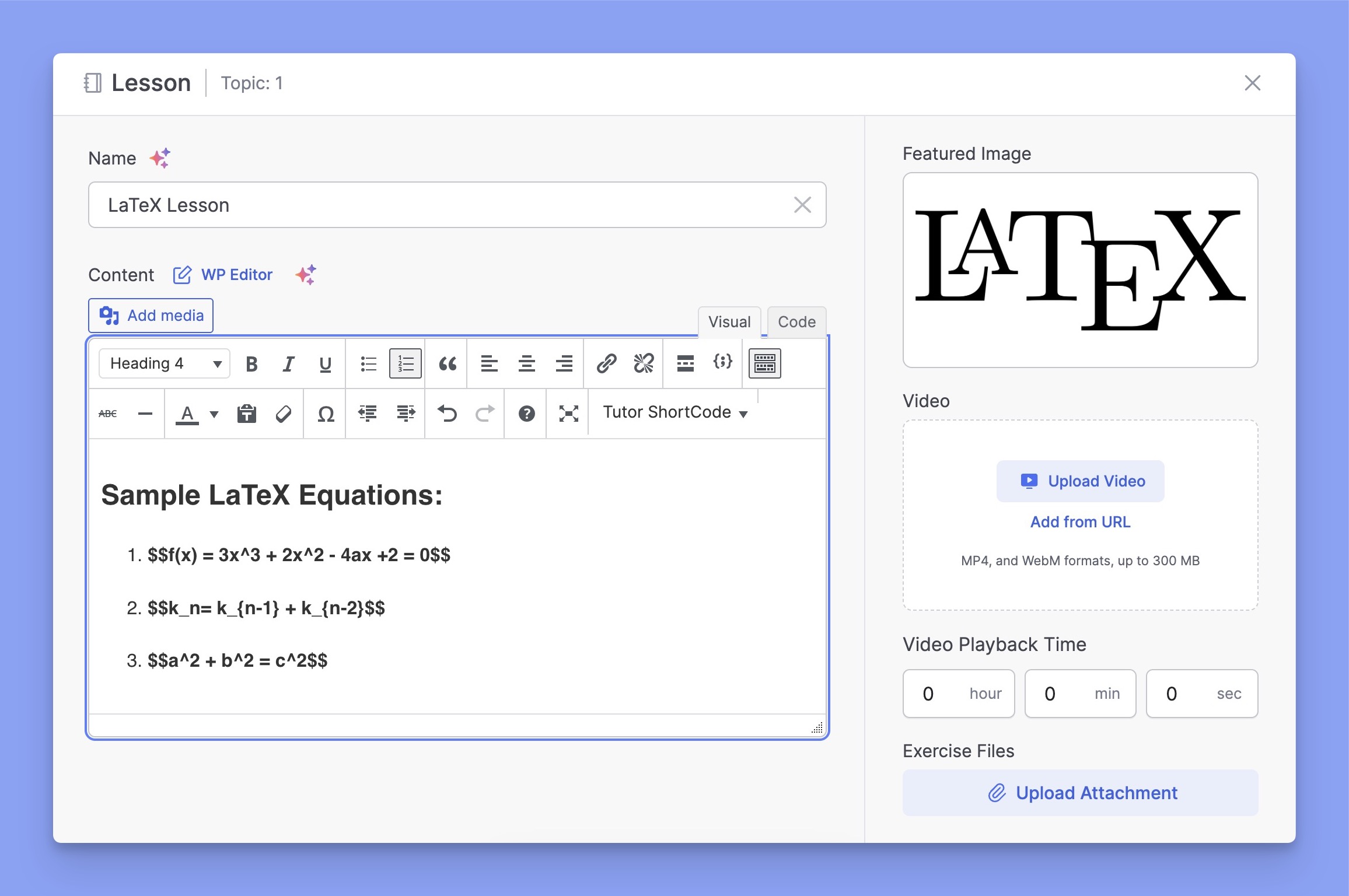 LaTeX equation on Tutor LMS Lesson