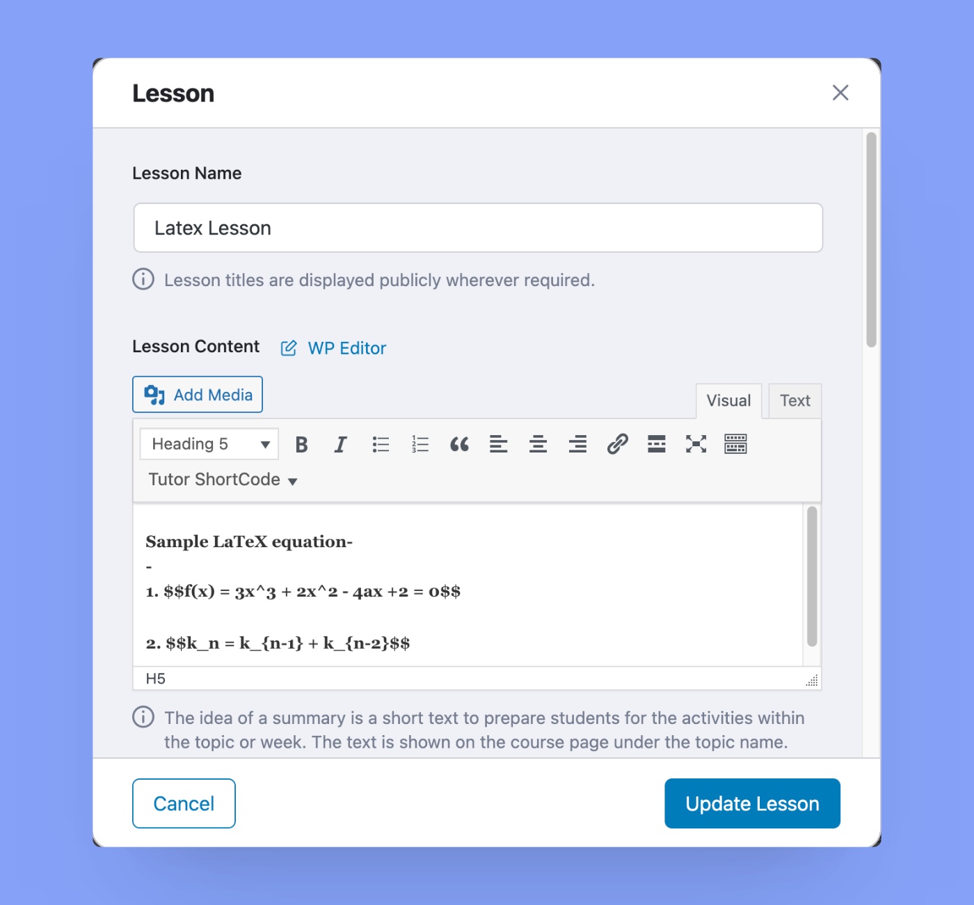 LaTeX equation on Lesson Content