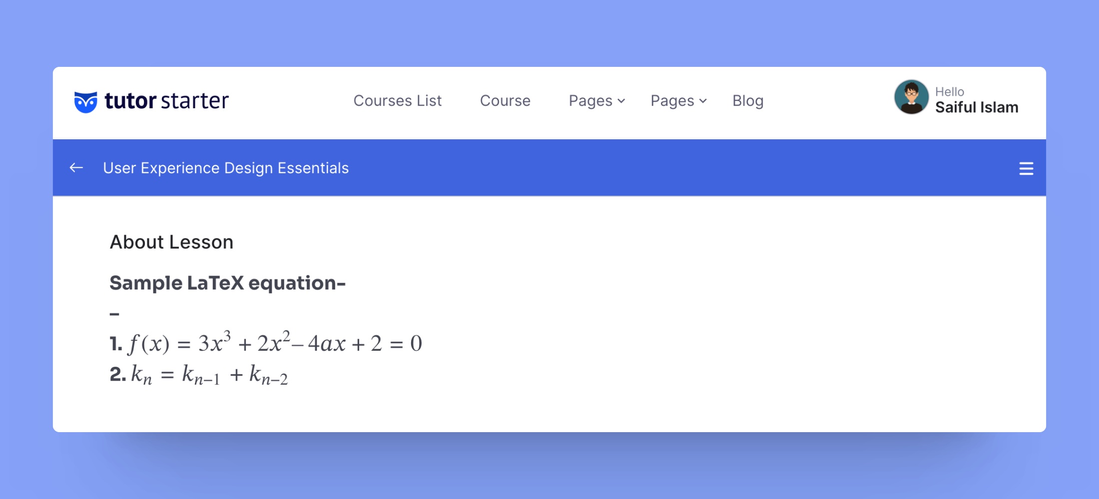 Documention How to Add Math Equations in Tutor LMS using LaTex