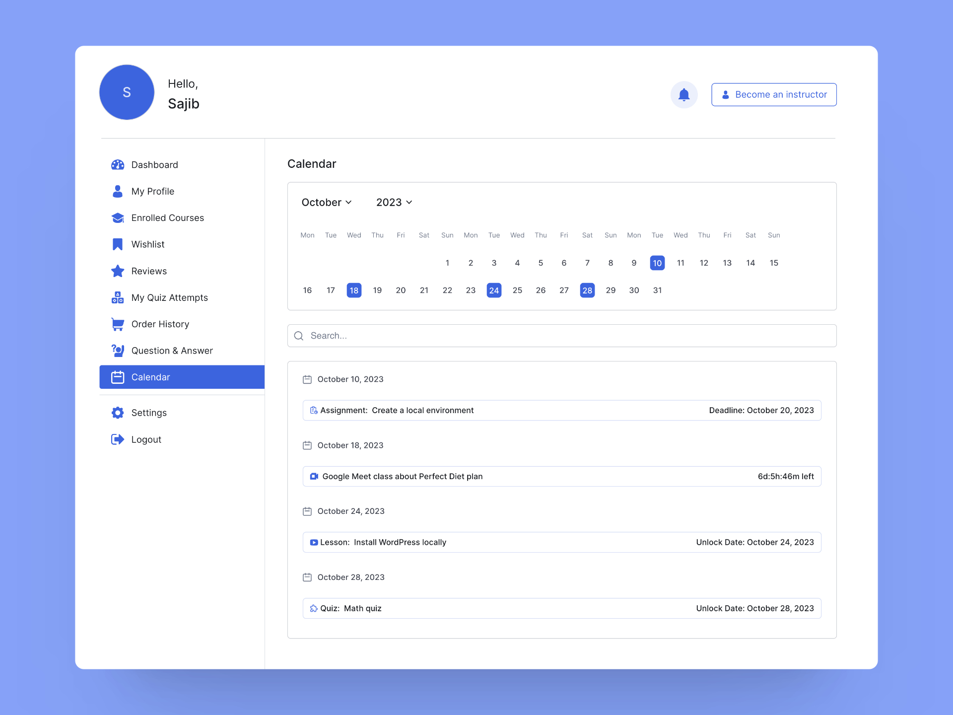 Tutor LMS Calendar in the frontend dashboard