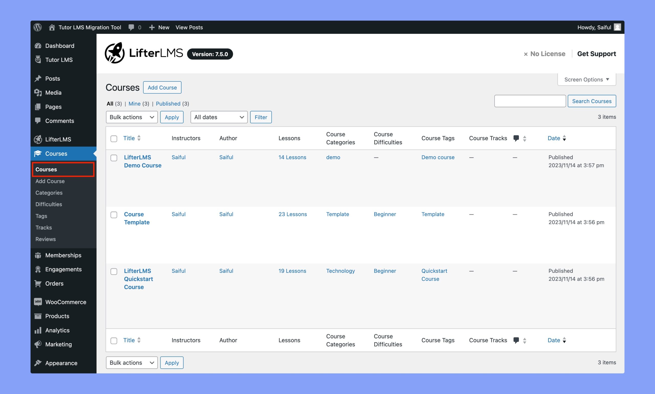 Course list of LifterLMS