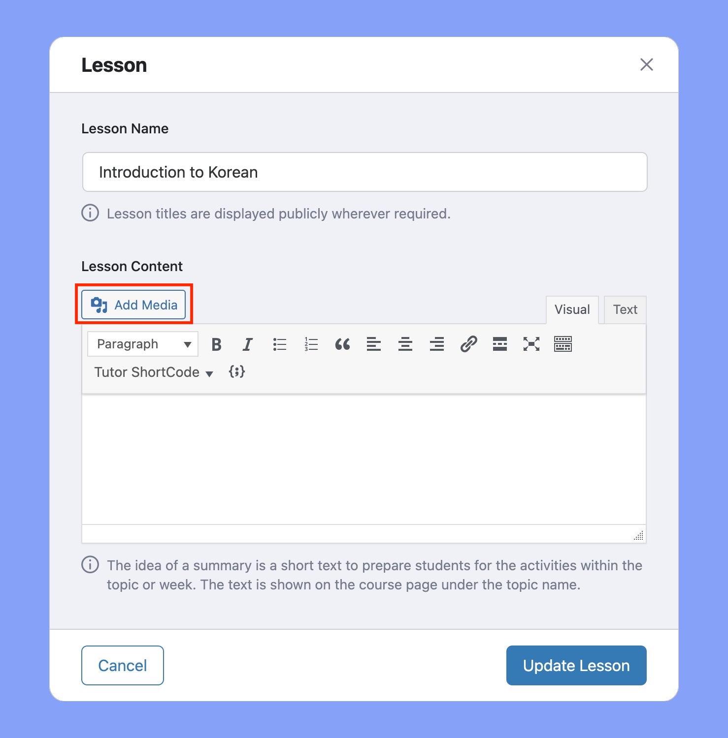 Add media button of tutor lms lesson window