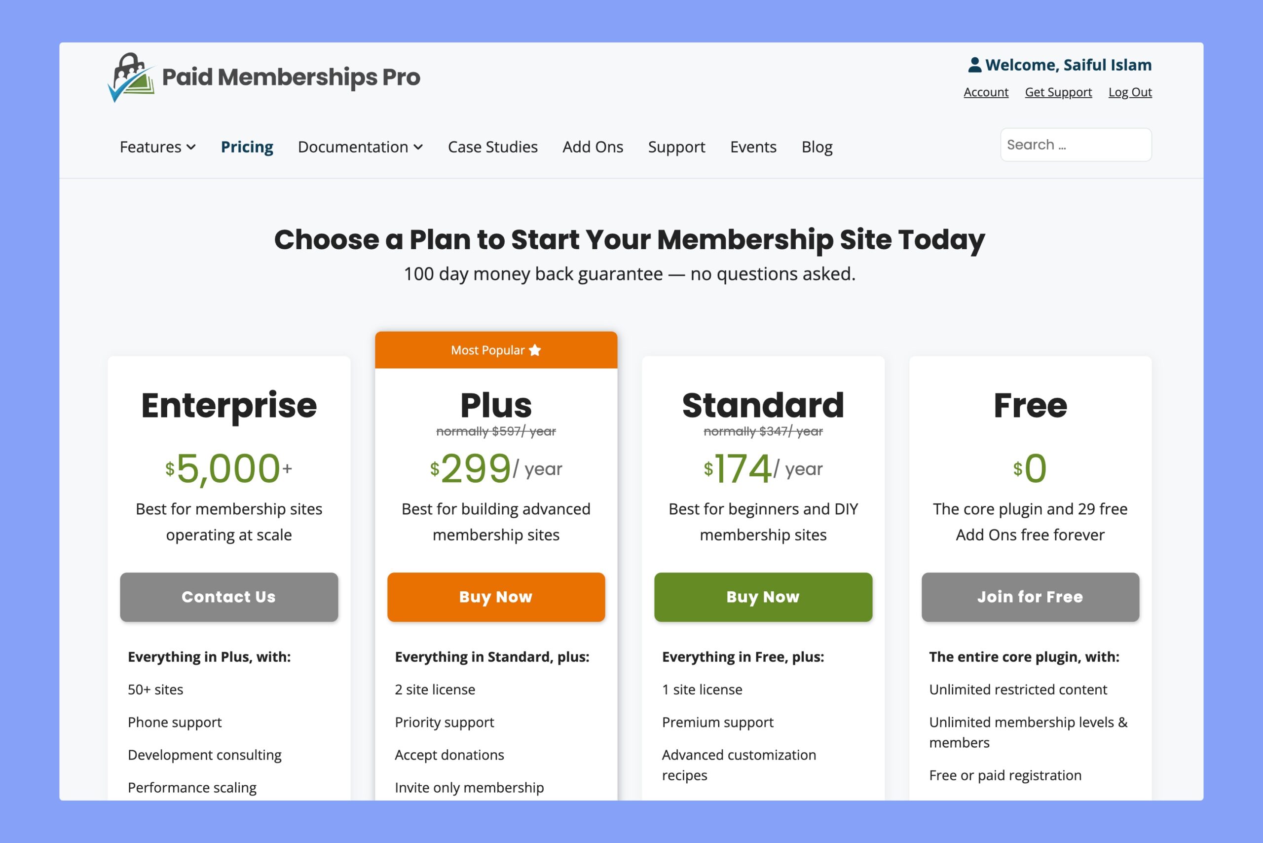 Paid Memberships Pro pricing page