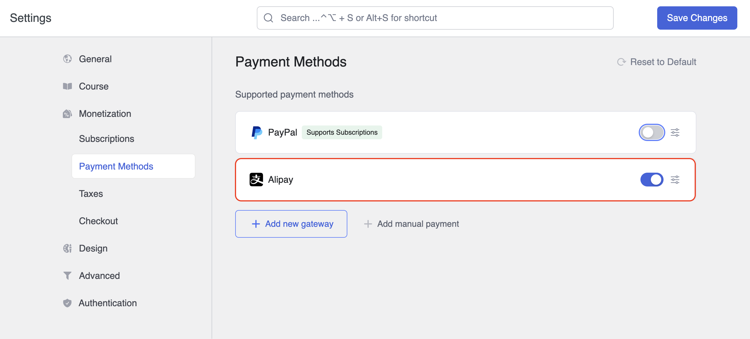 Add Alipay in the payment methods