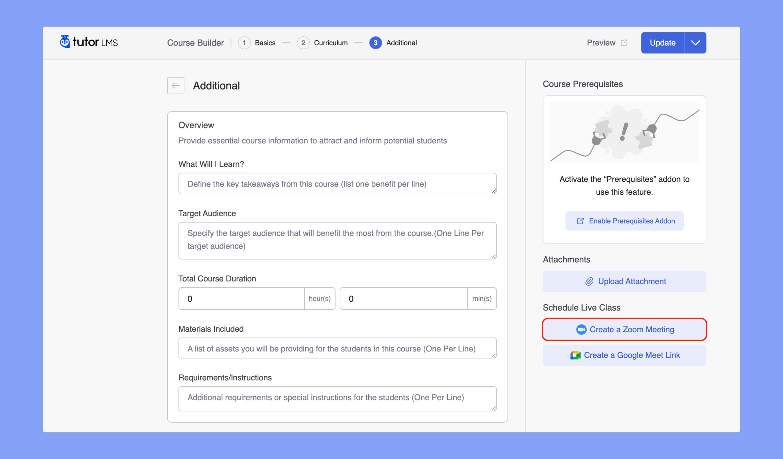 Create Zoom Meeting from Additional tab