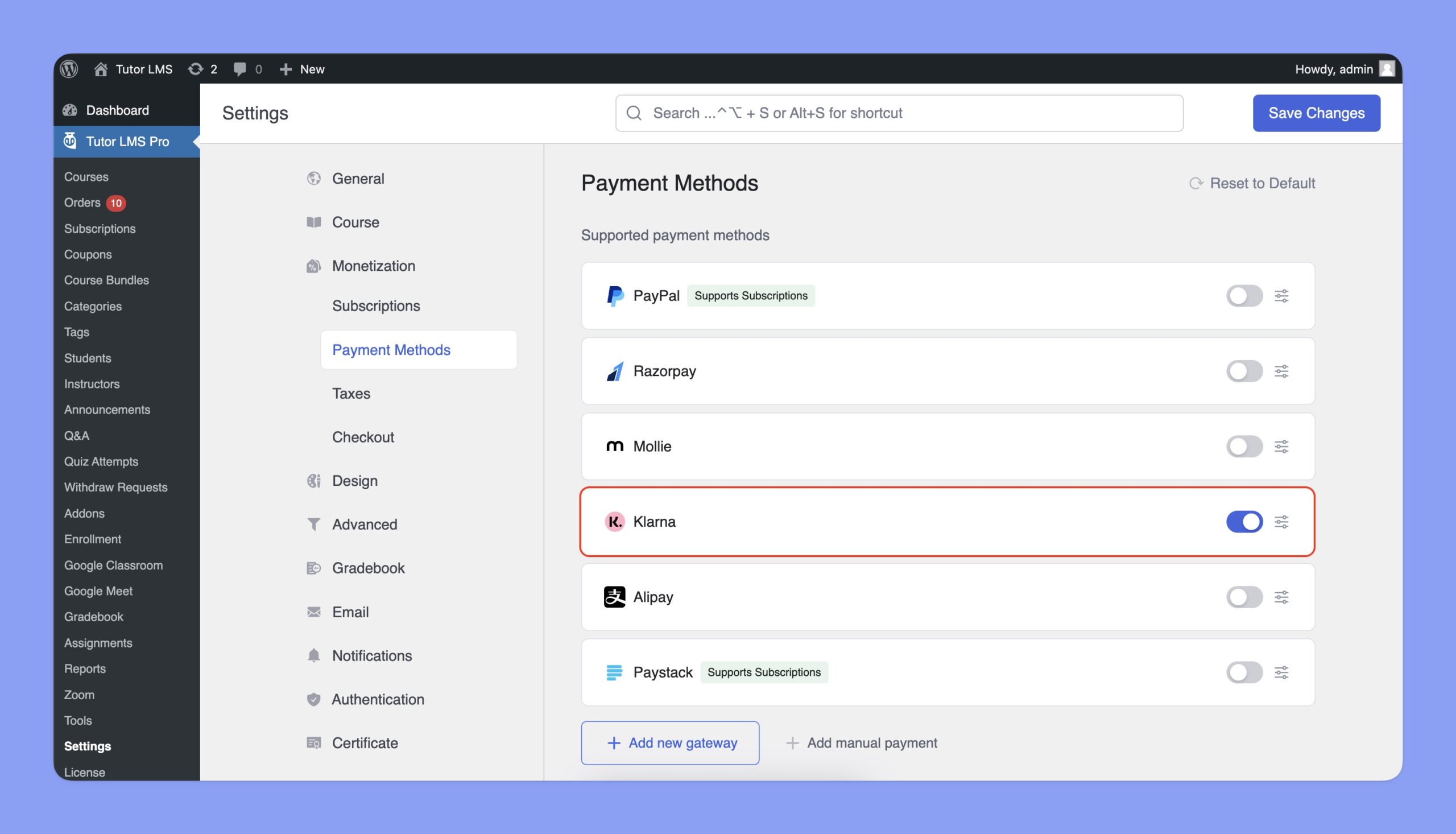 Enable Klarna from Tutor LMS payment gateway