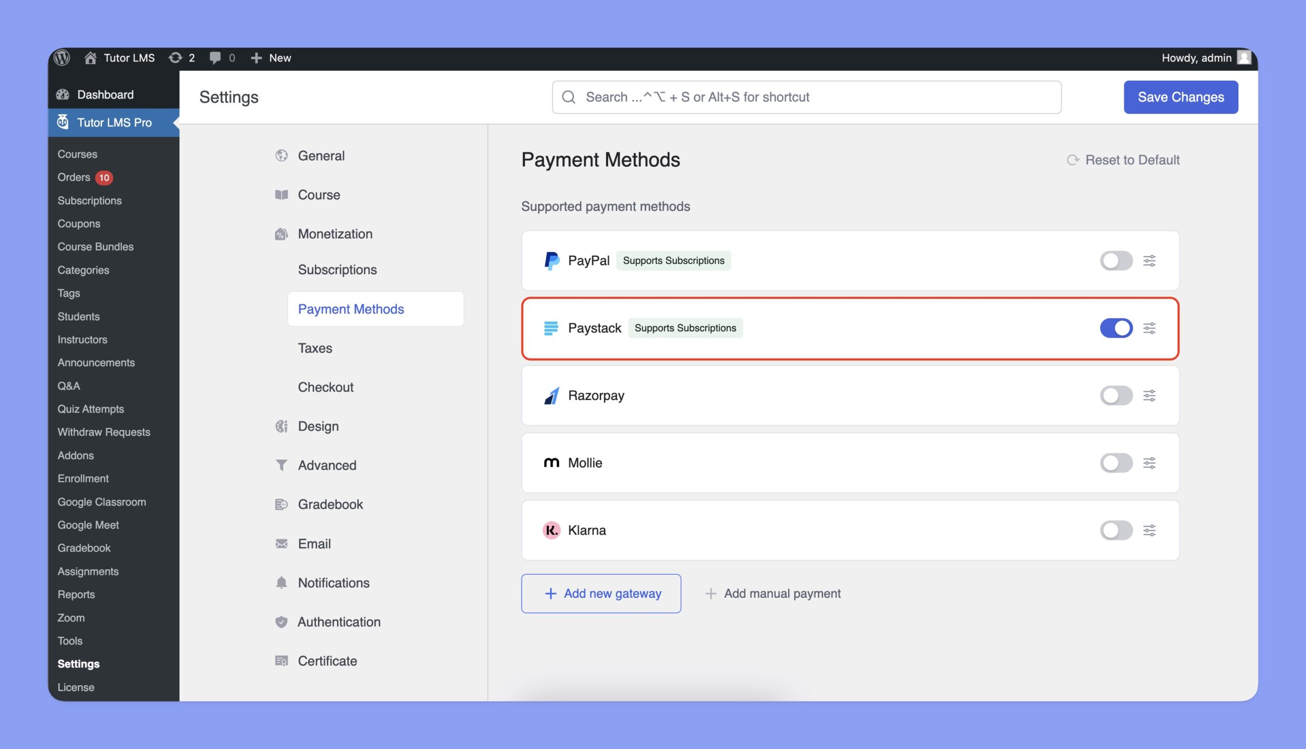 Enable Paystack payment gateway