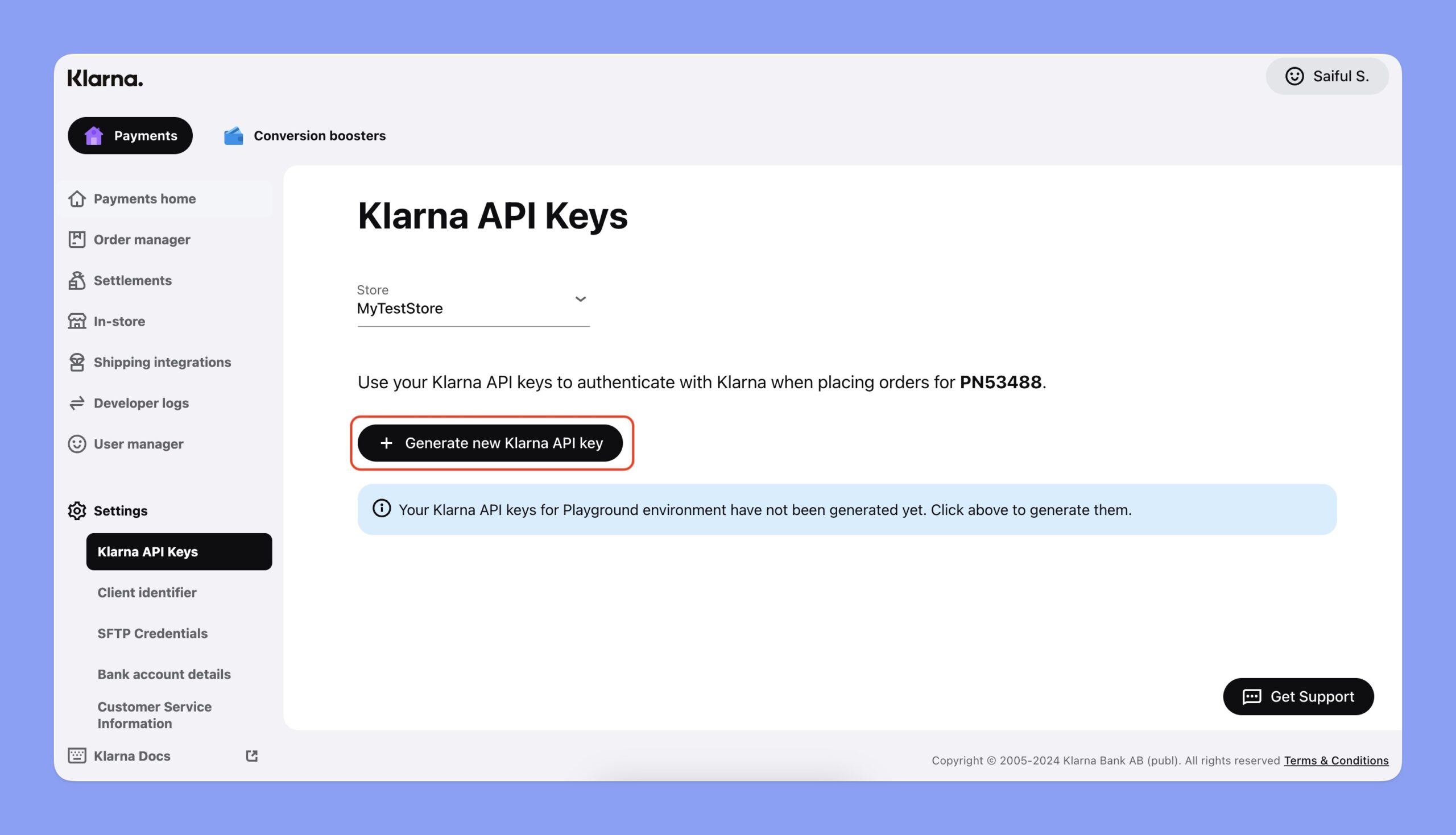 Klarna API key page