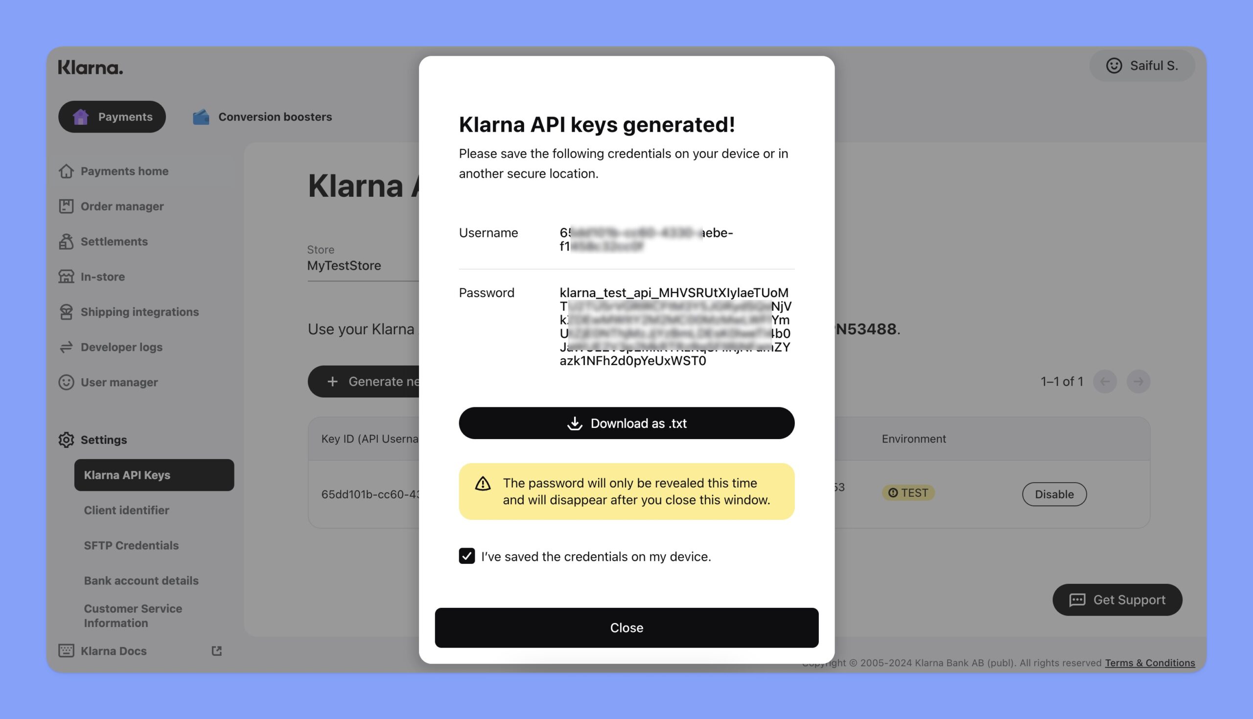 Klarna api key generation