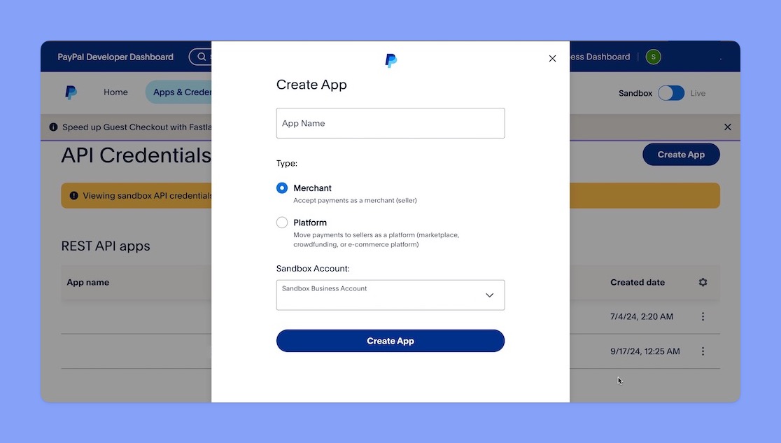 PayPal Create App