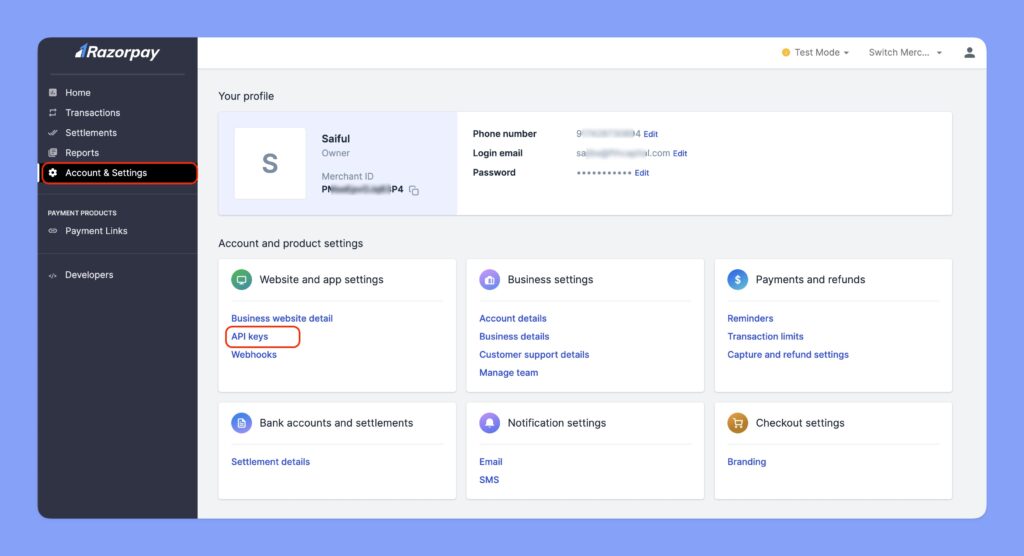 Razorpay account settings