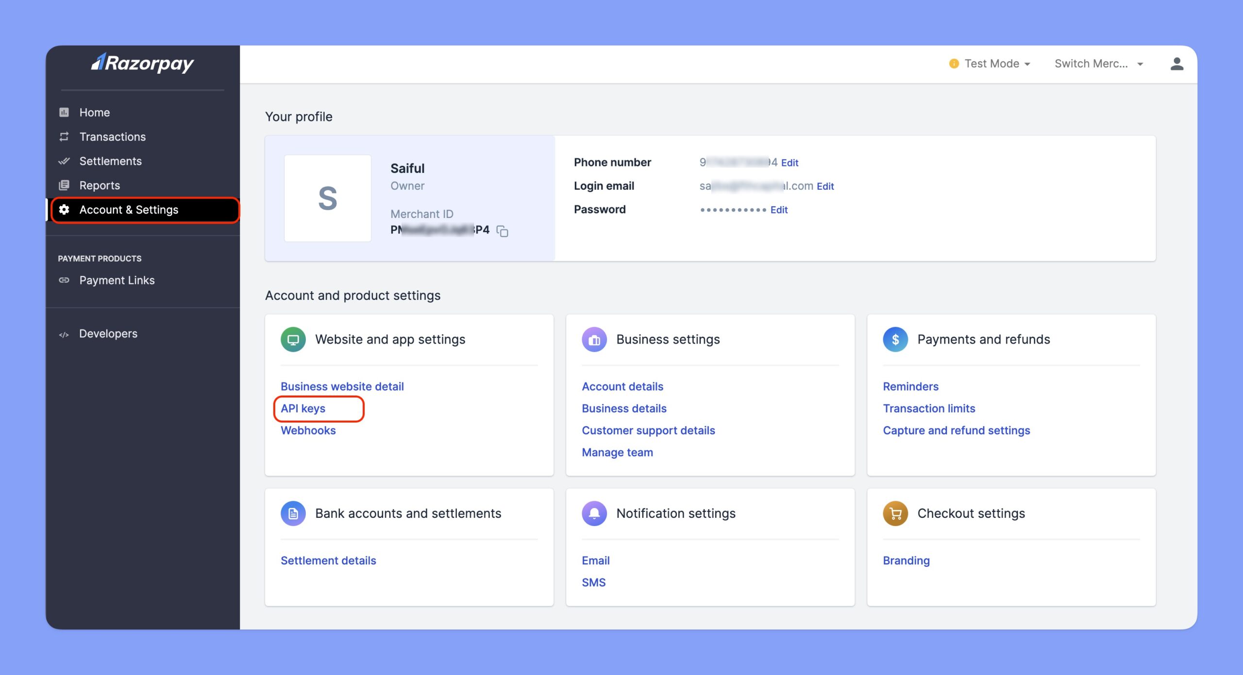 Razorpay account settings
