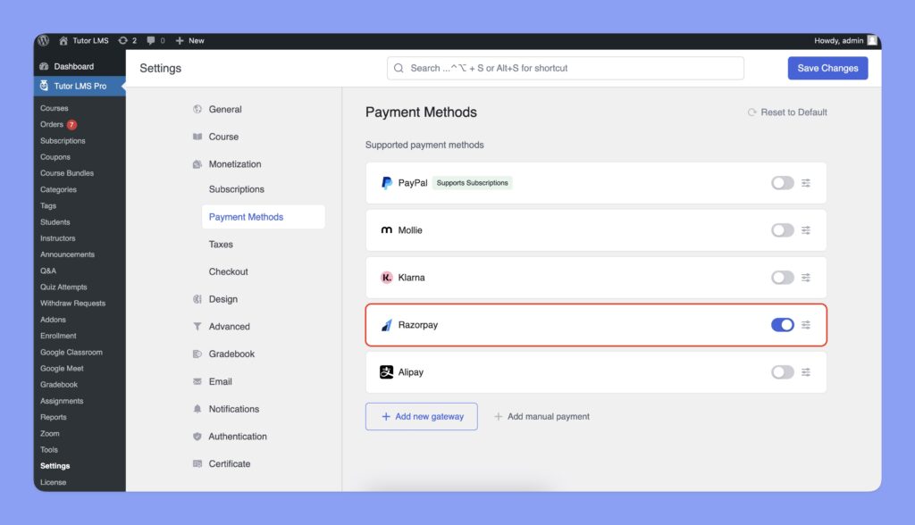 Razorpay in Tutor LMS Payment gateway