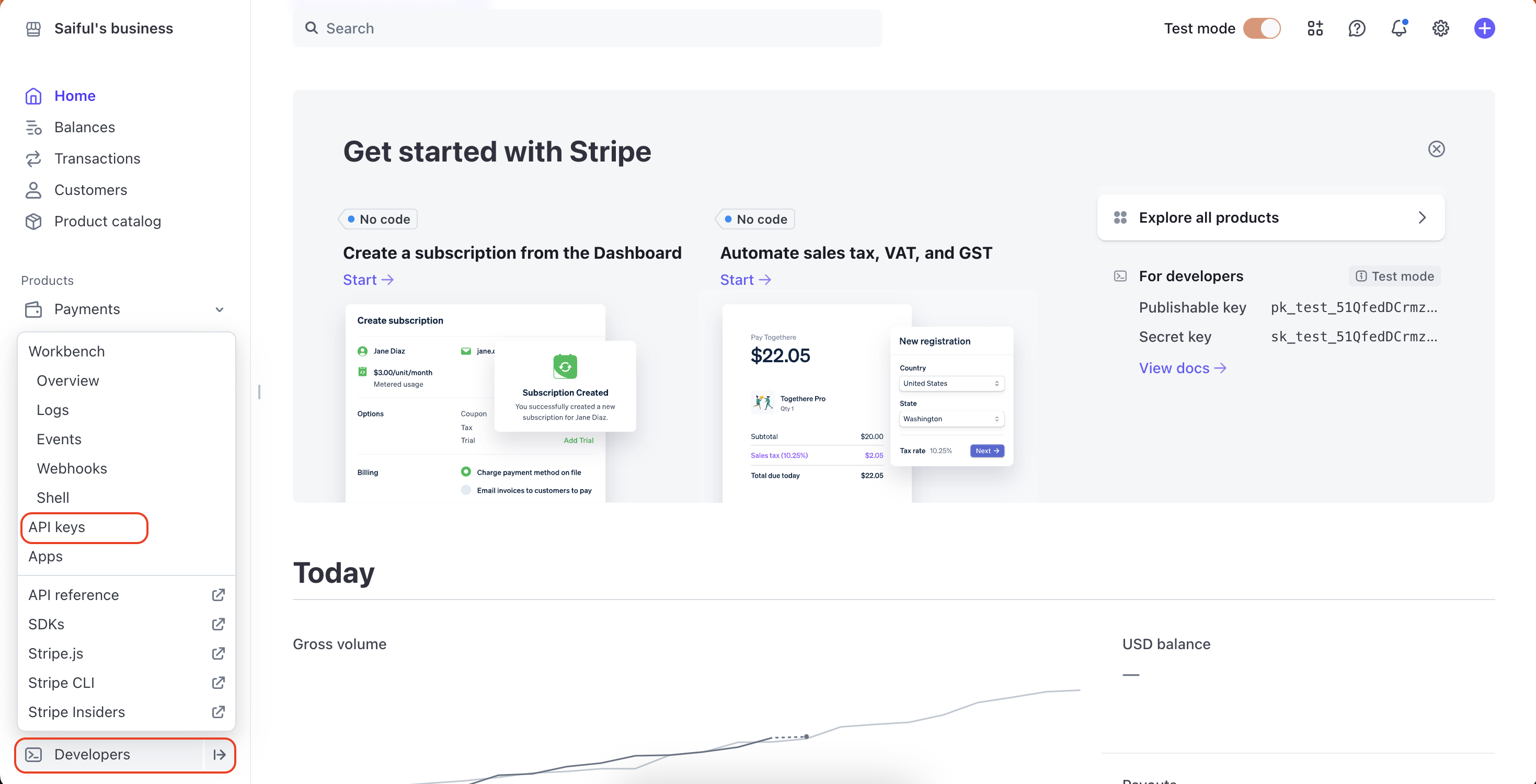 Stripe Developer dashboard API Key