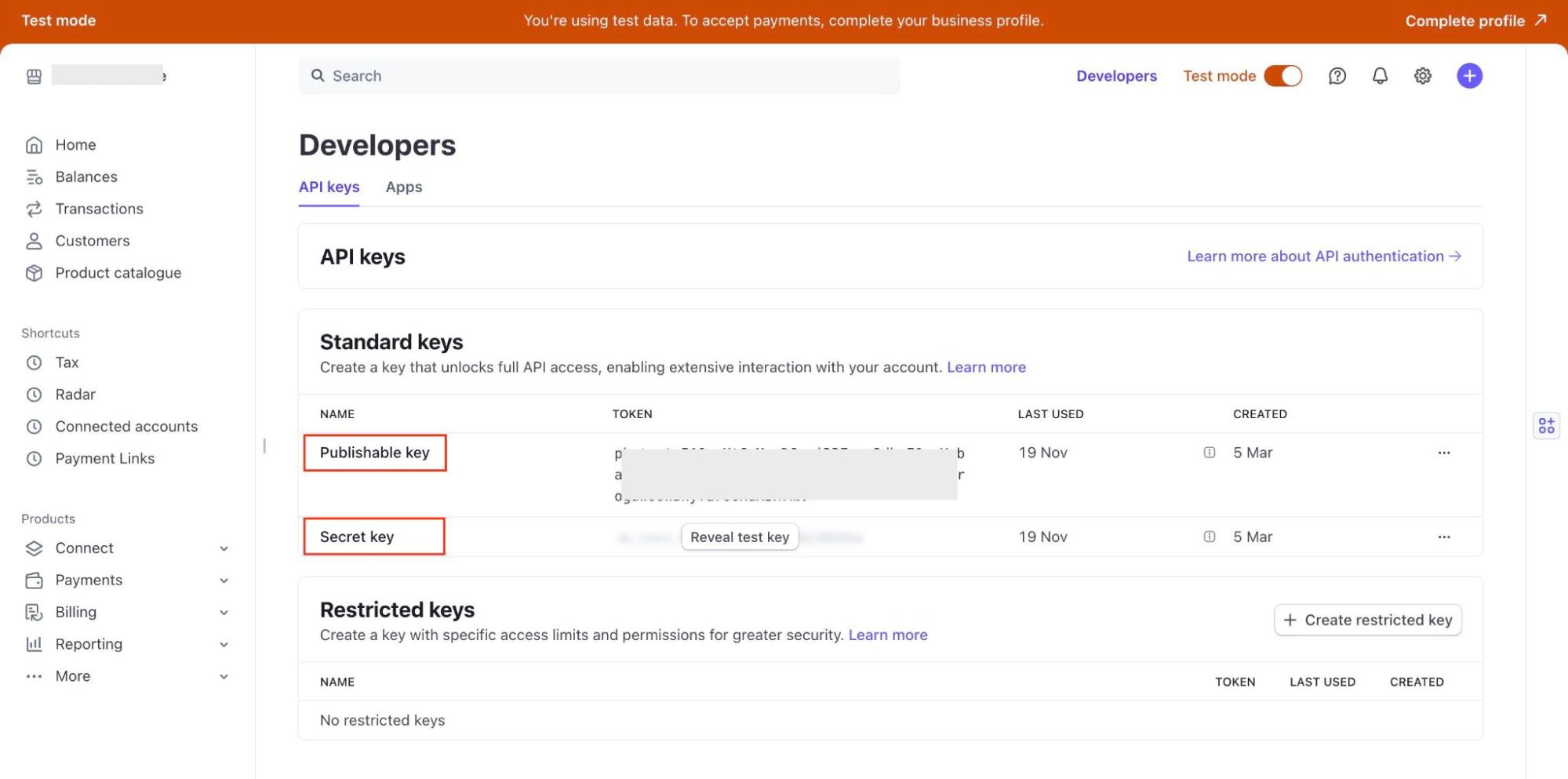 Stripe Publish key and Secret Key