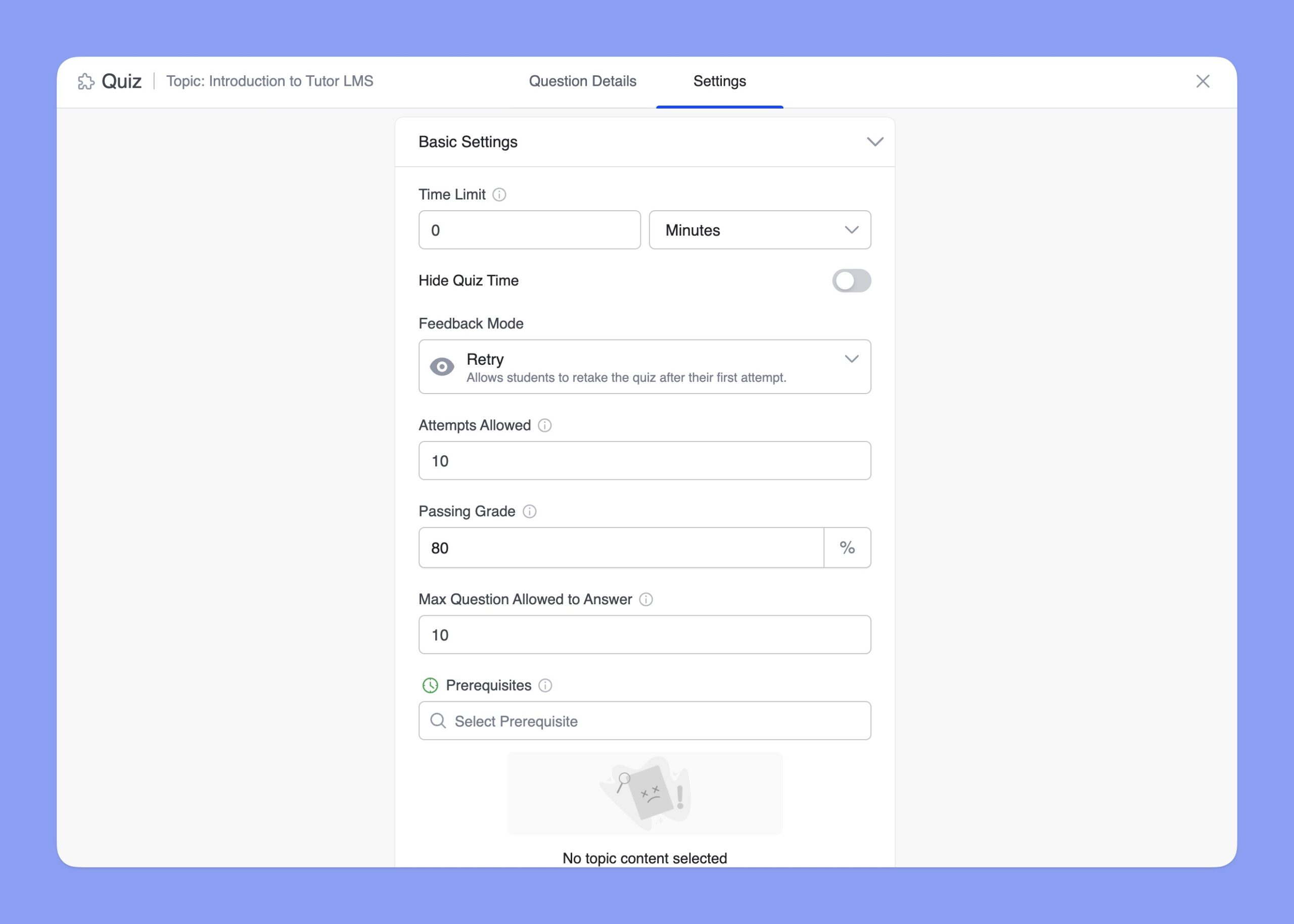Tutor LMS Basic Quiz Settings