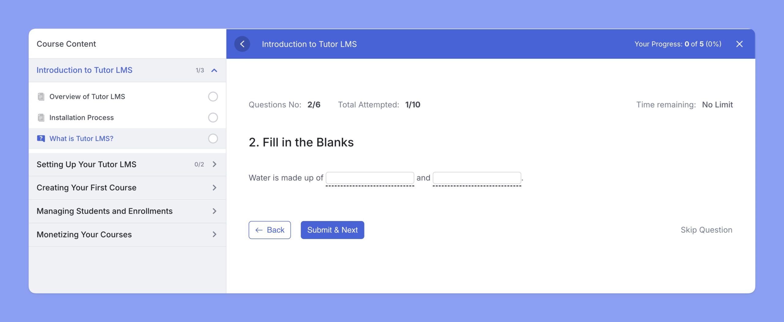 Tutor LMS Preview of Fill in the Blanks Question