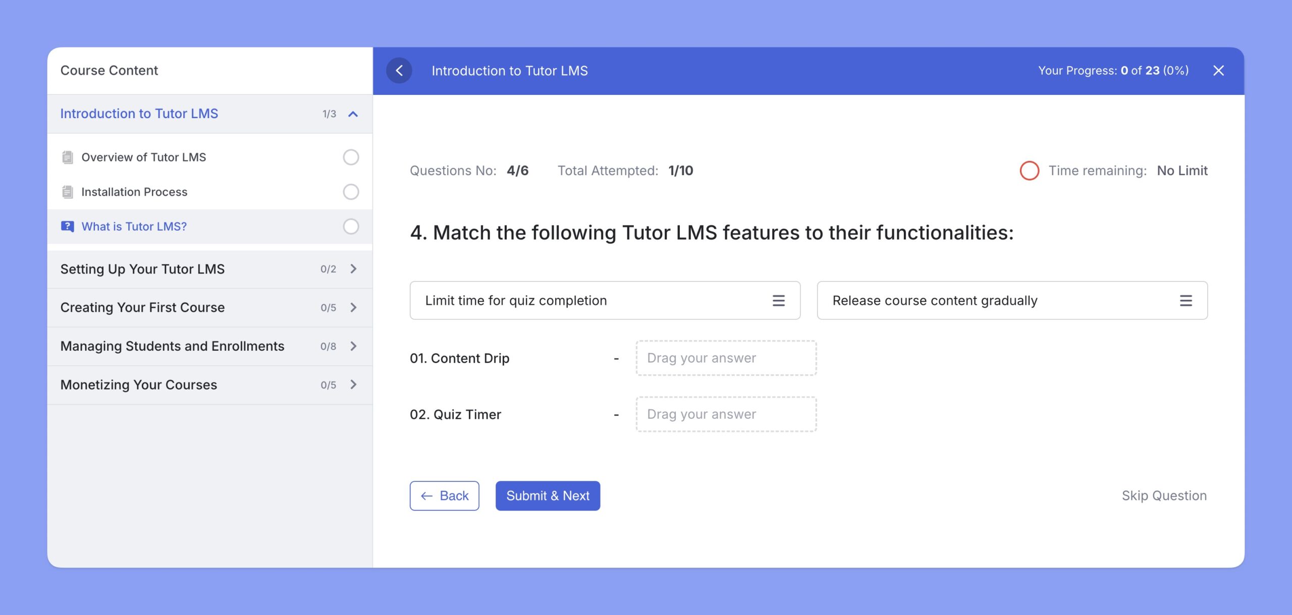 Tutor LMS Preview of Matching Question