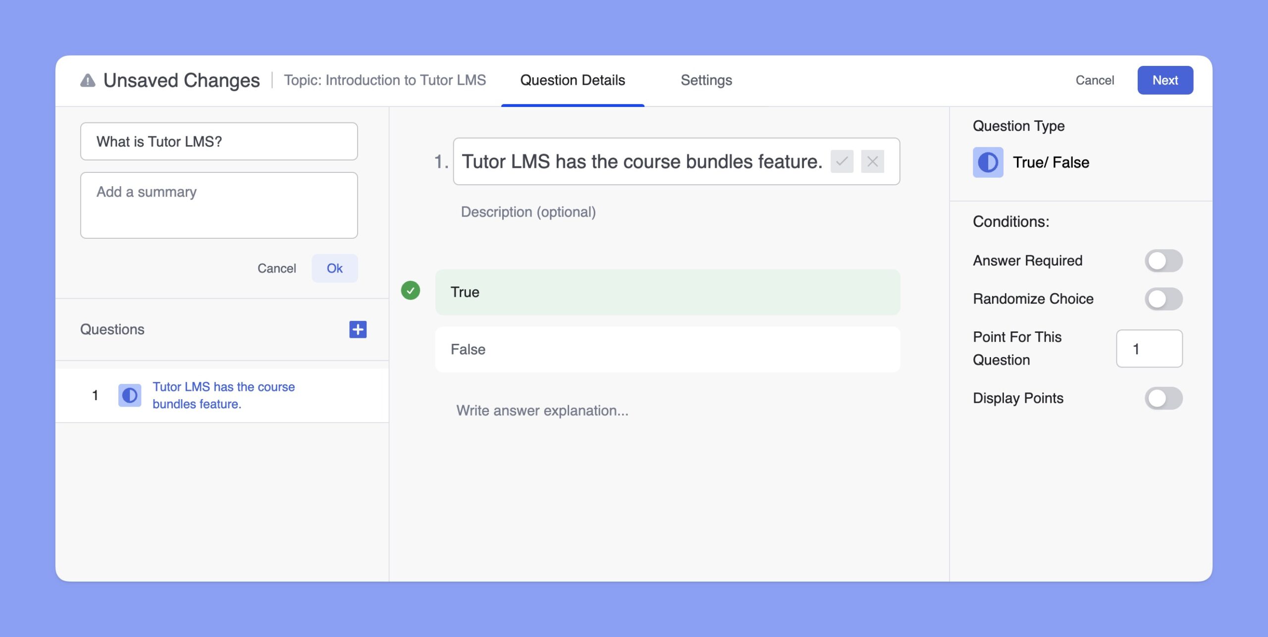 Tutor LMS True/False Question