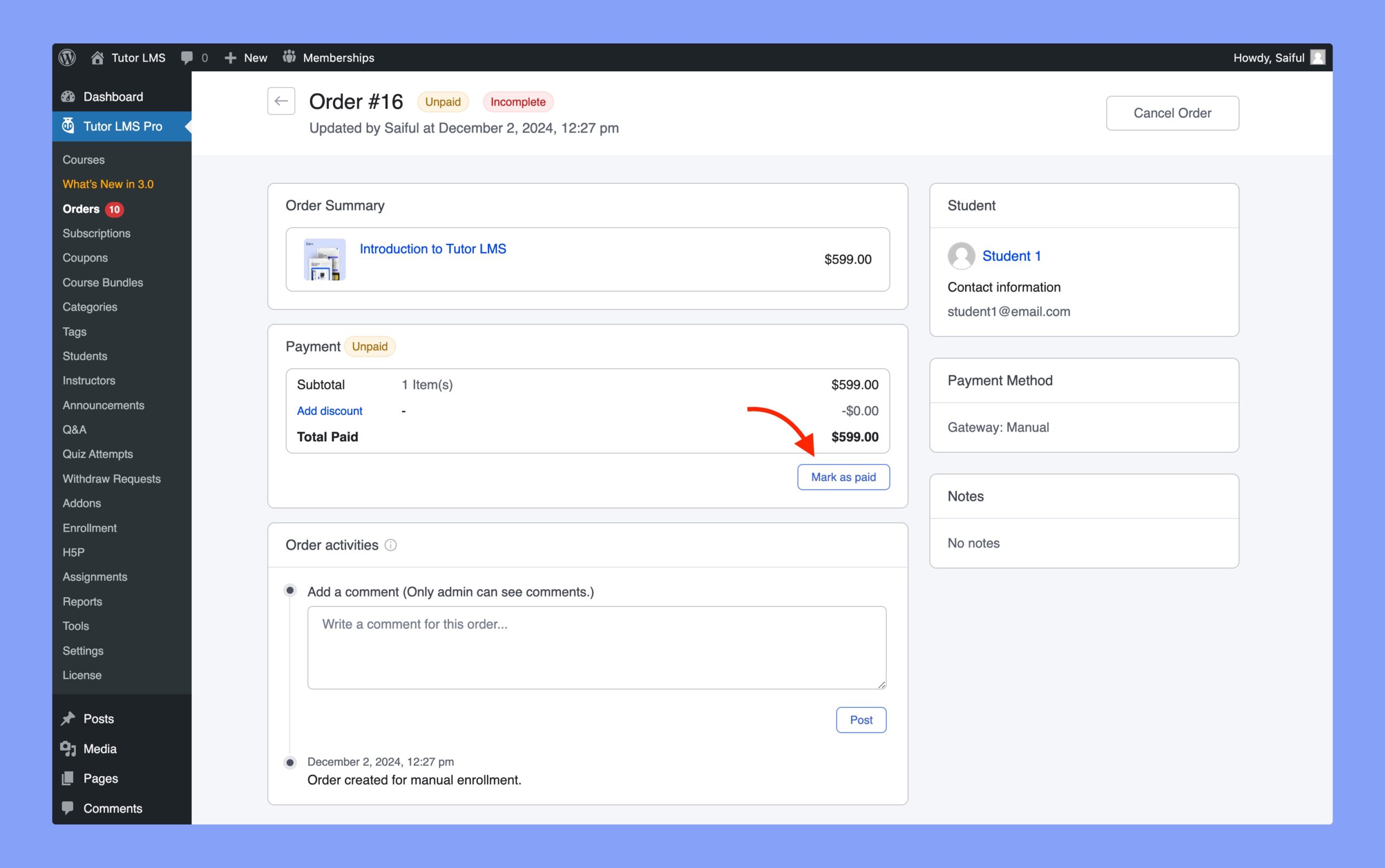 Order details page of Tutor LMS