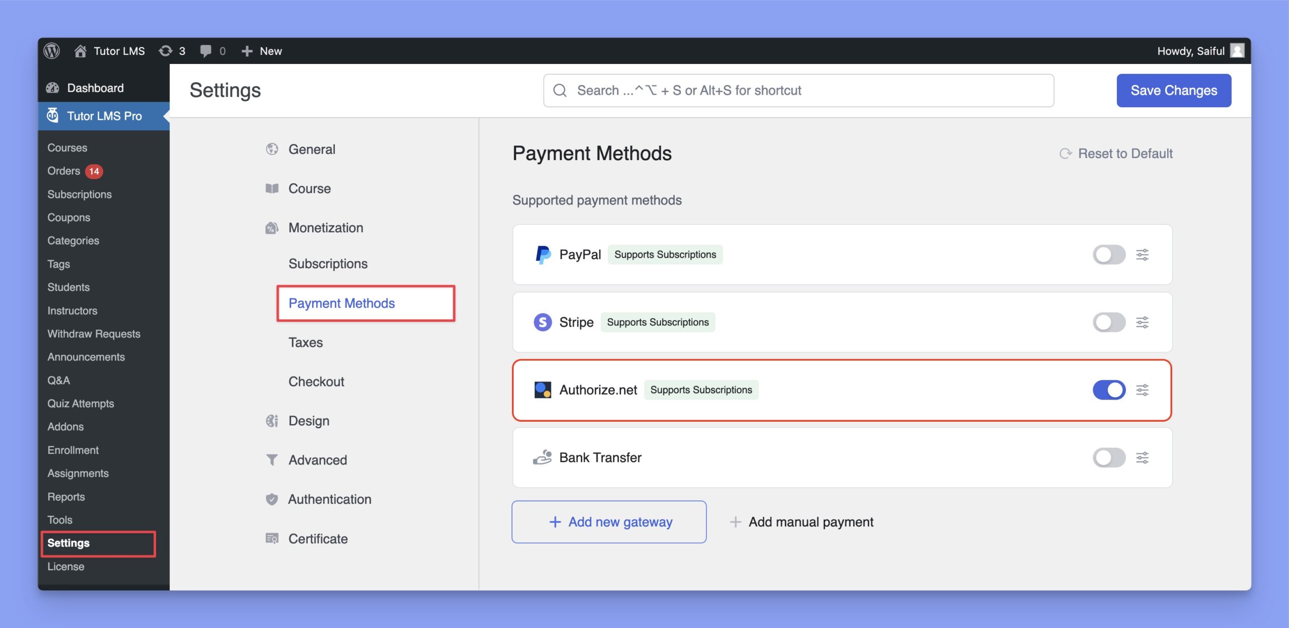 Enable authorize.net from Tutor LMS settings