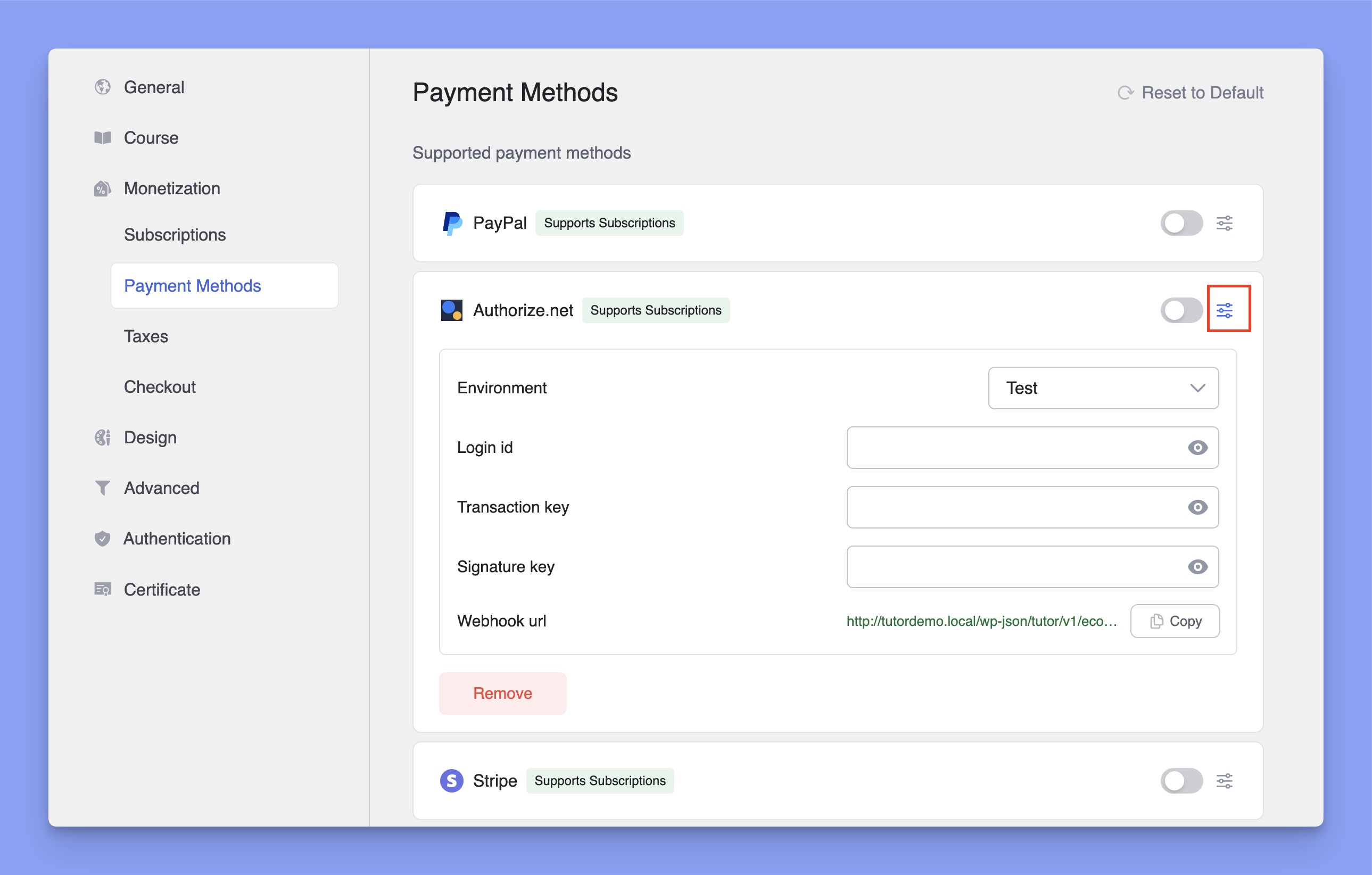 Input autorize.net keys