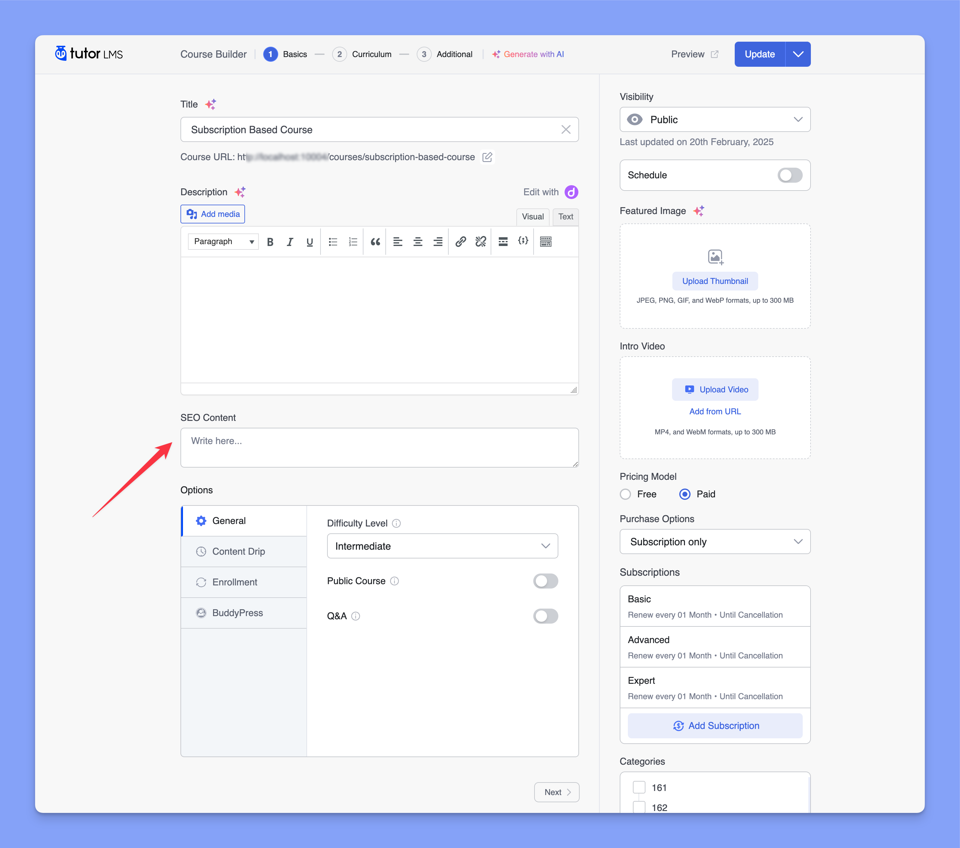 Tutor LMS Custom field in the Basics tab