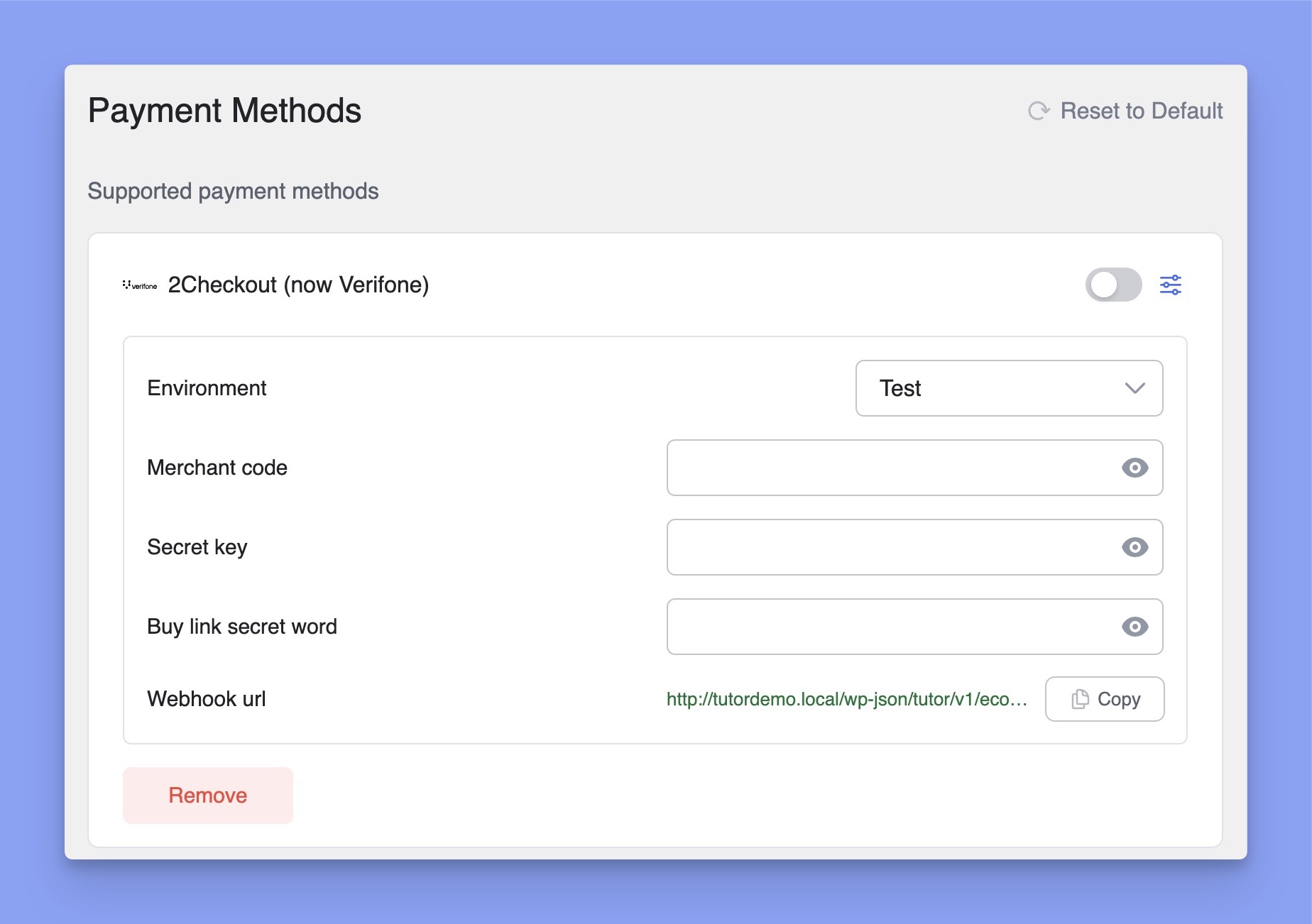 2Checkout credentials in Tutor LMS Settings