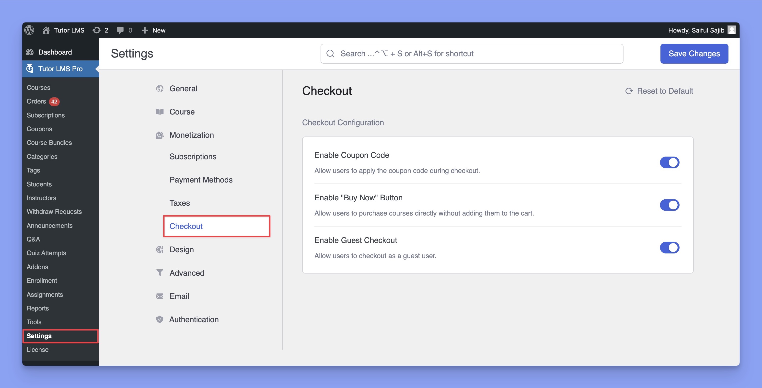 Tutor LMS Checkout page settings