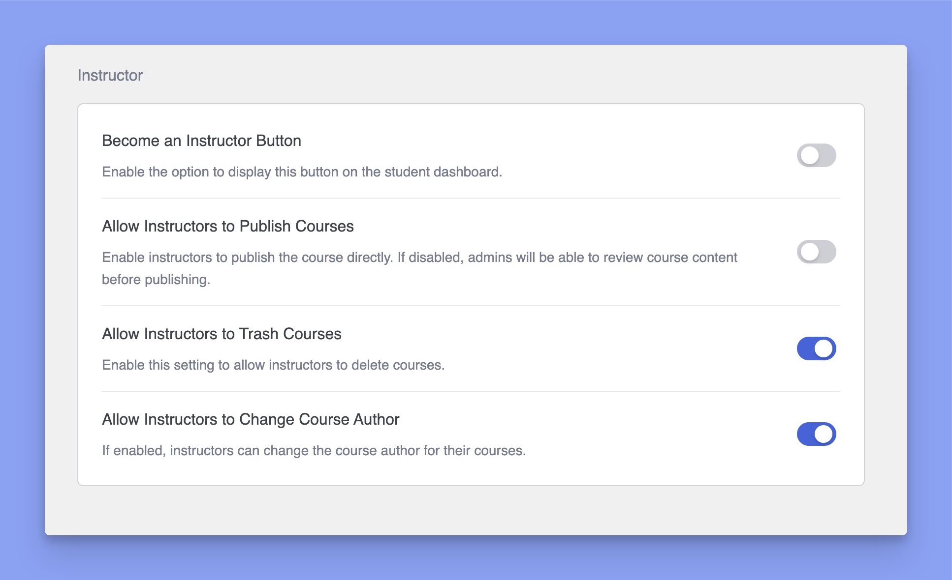 Instructor settings within the General section