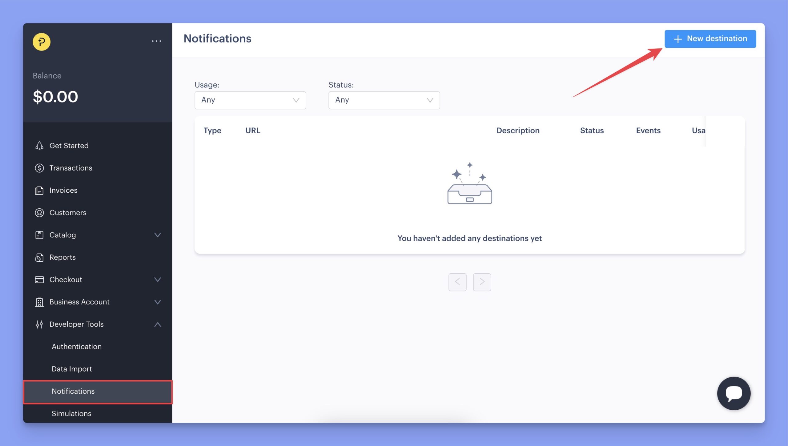 Add new webhook destination
